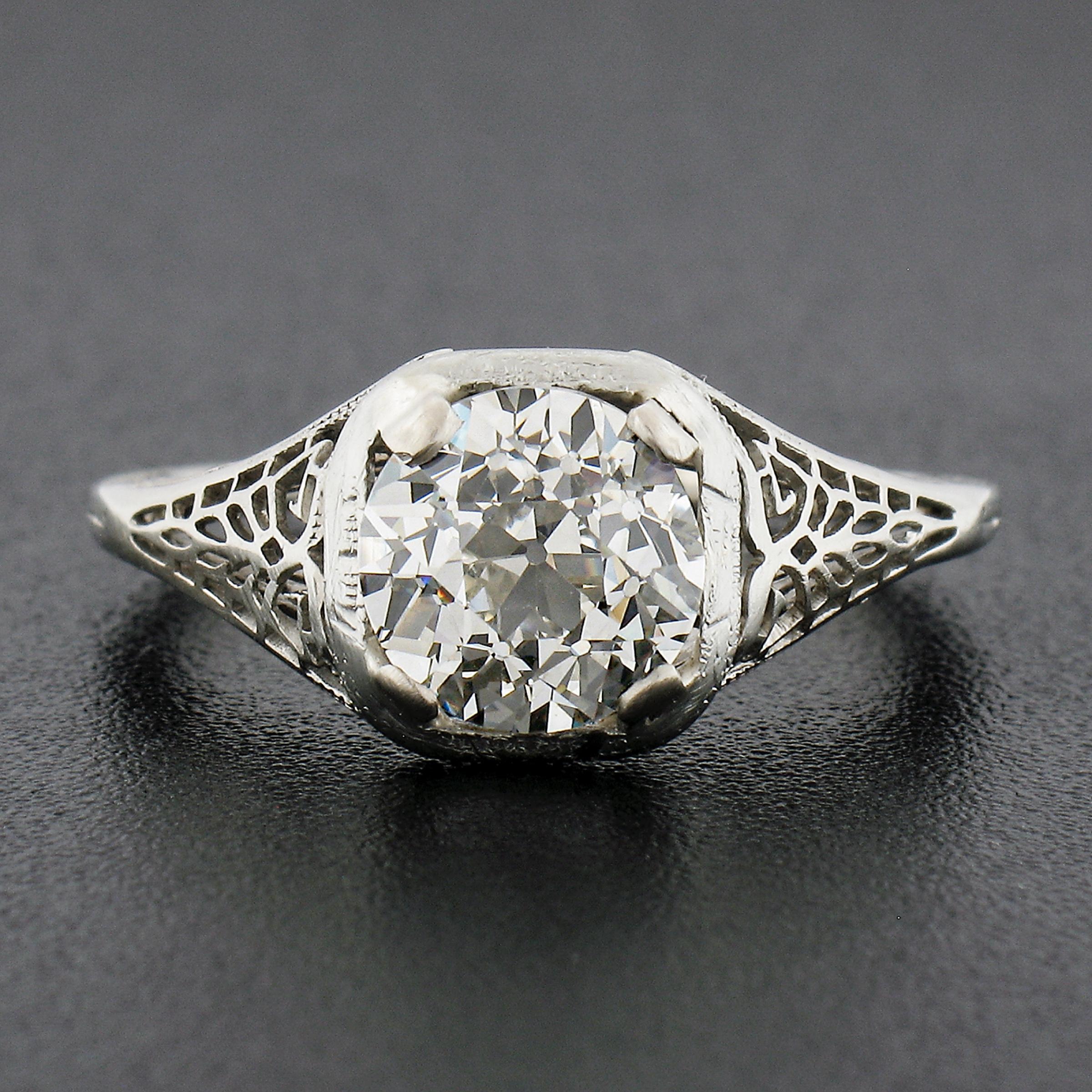 Antique Art Deco 18k Gold GIA 1.84ctw European Diamond Filigree Engagement Ring In Excellent Condition For Sale In Montclair, NJ