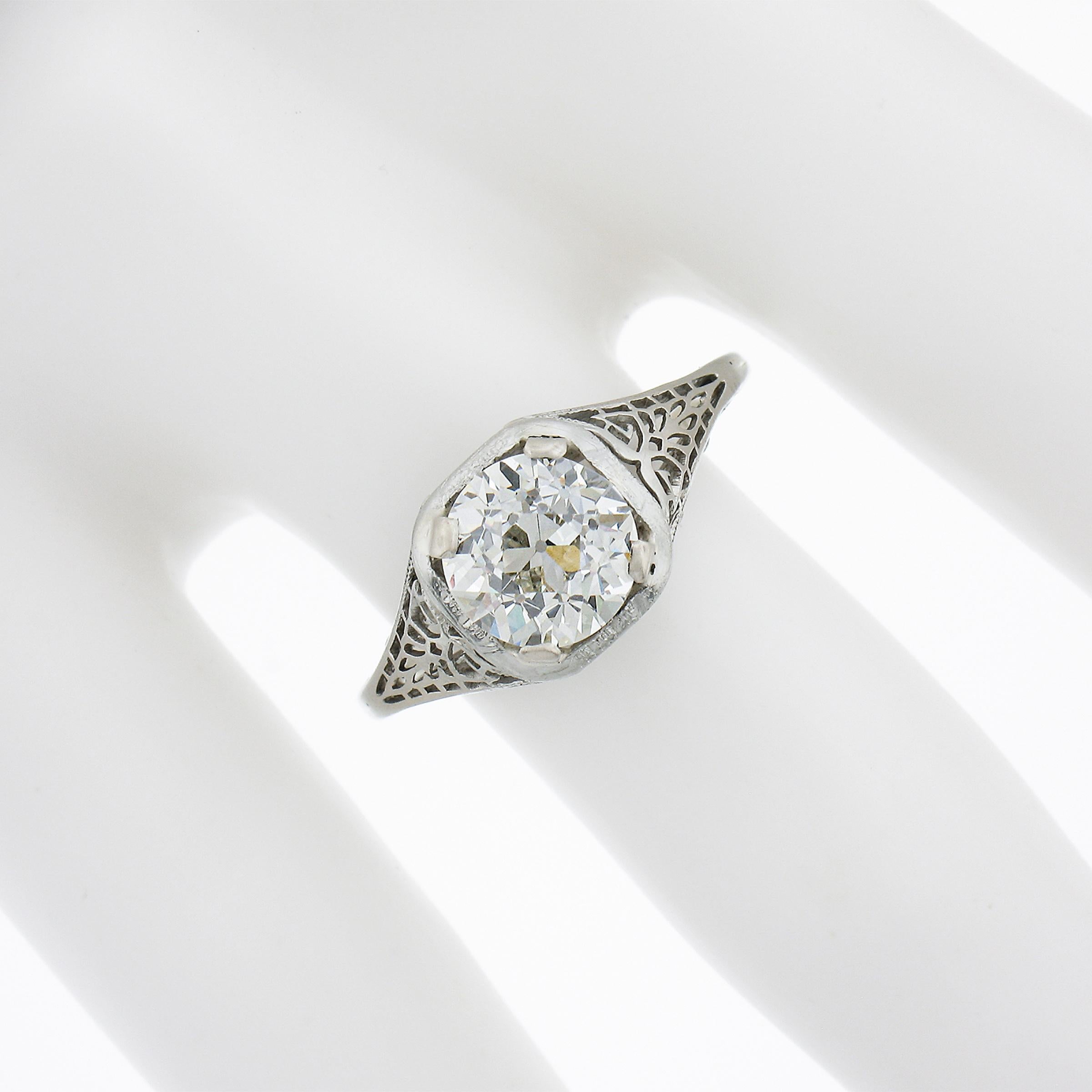 Women's Antique Art Deco 18k Gold GIA 1.84ctw European Diamond Filigree Engagement Ring For Sale