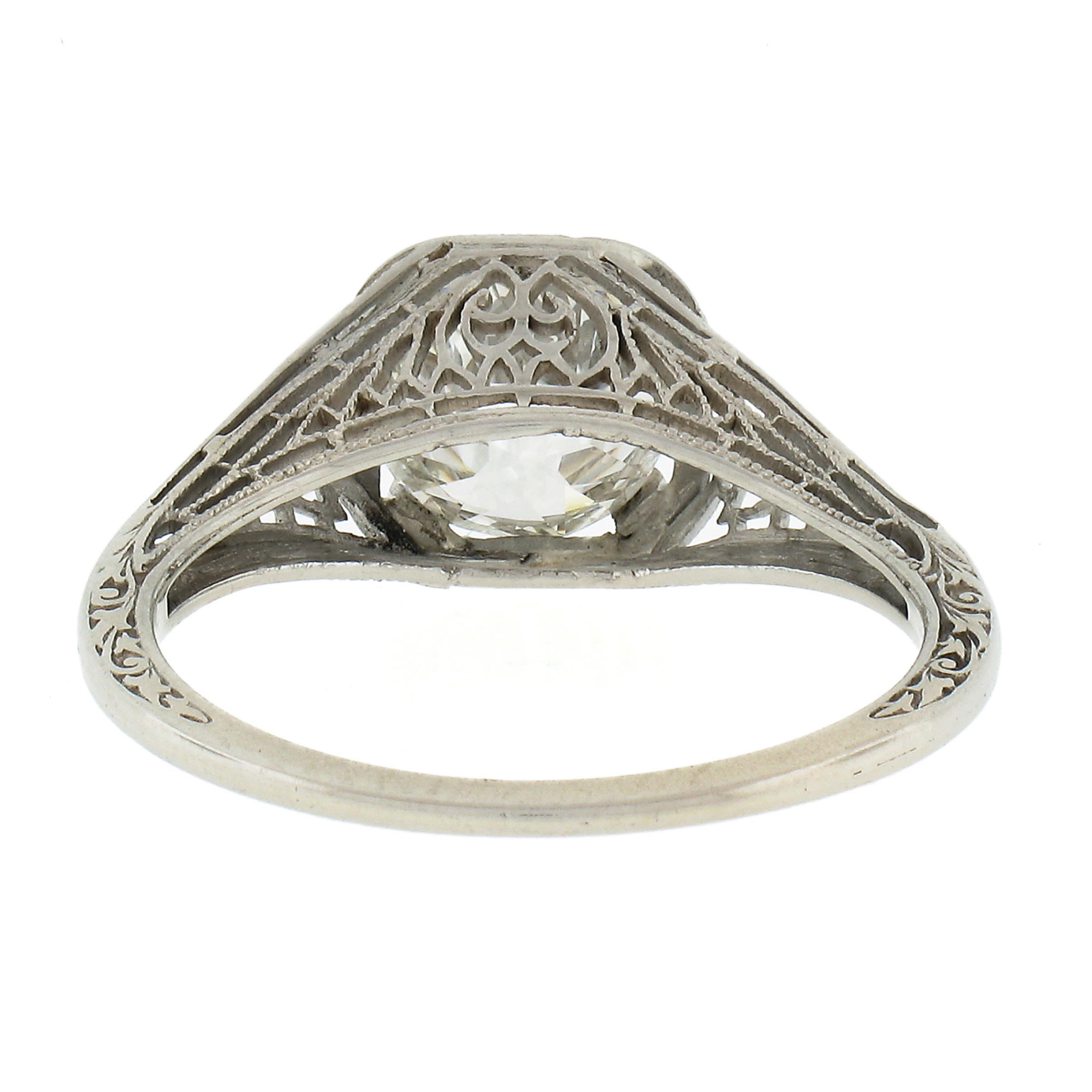 Antique Art Deco 18k Gold GIA 1.84ctw European Diamond Filigree Engagement Ring For Sale 3