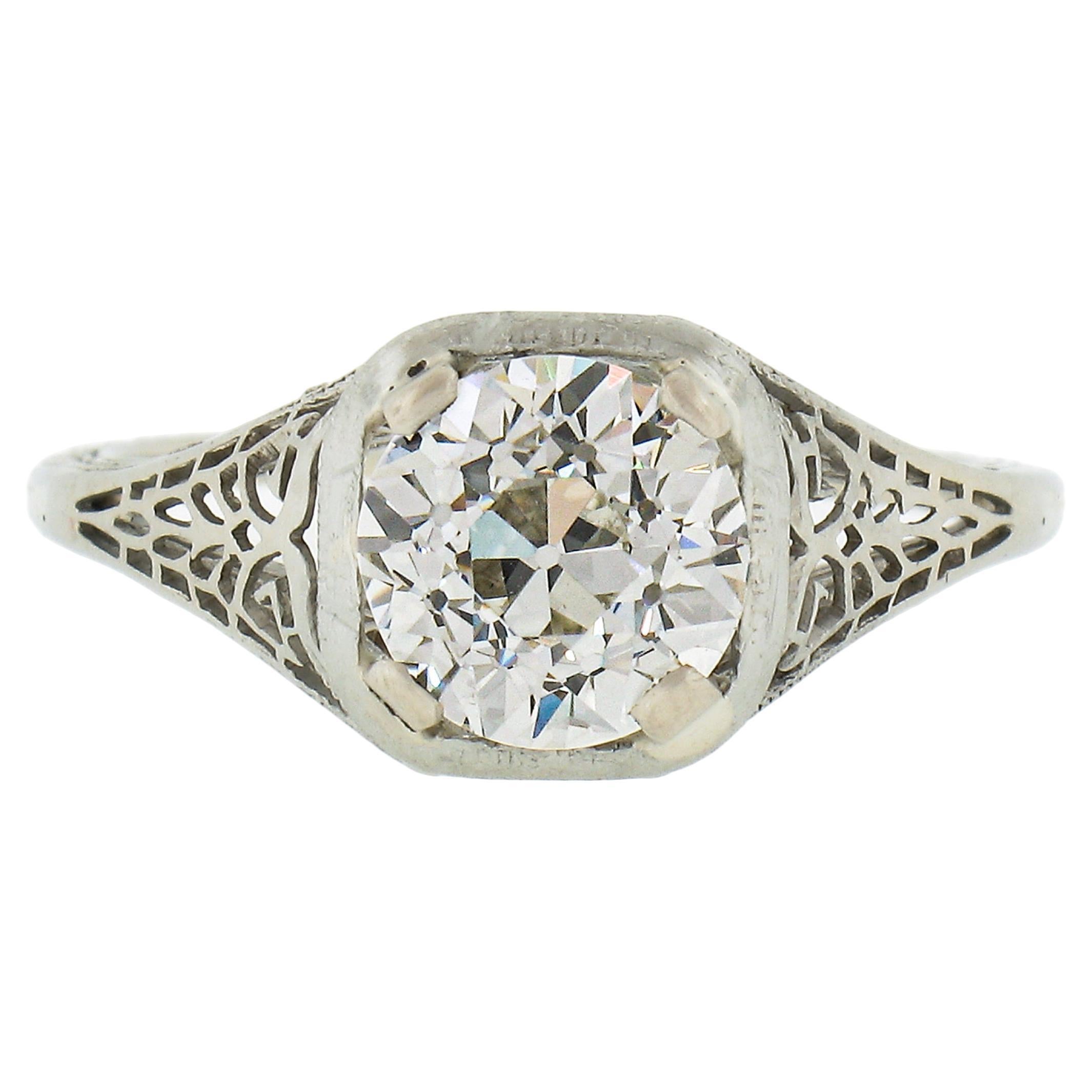 Bague de fiançailles filigrane Art déco ancienne en or 18 carats avec diamant européen certifié GIA 1,84 carat