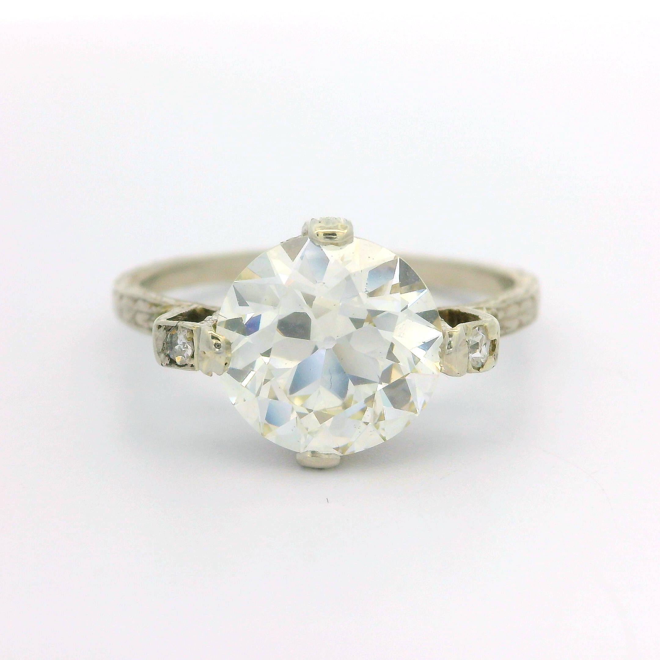 Bague Art déco ancienne gravée à la main en or 18 carats Gia, diamant ancien de 2,37 carats en vente 5