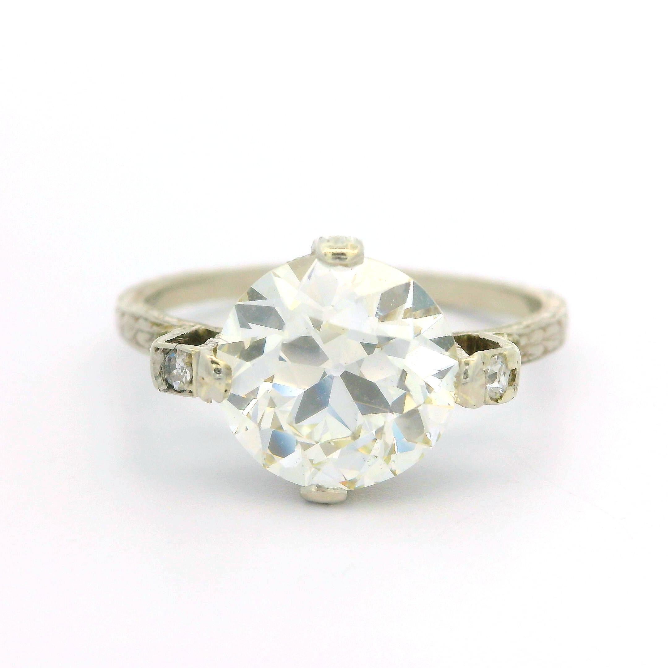 Bague Art déco ancienne gravée à la main en or 18 carats Gia, diamant ancien de 2,37 carats en vente 6