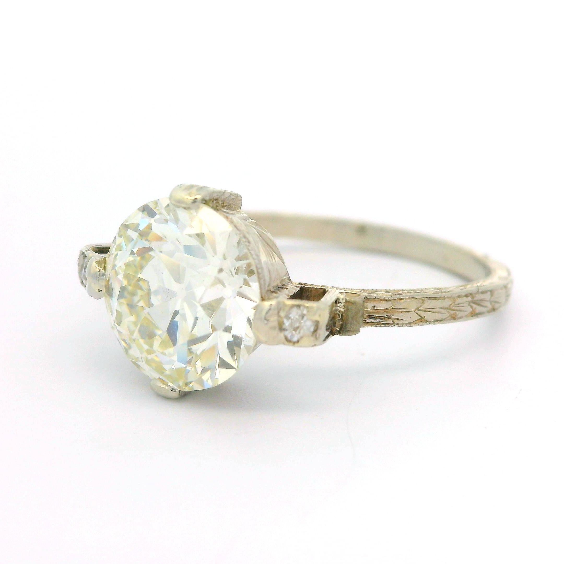 Bague Art déco ancienne gravée à la main en or 18 carats Gia, diamant ancien de 2,37 carats en vente 8