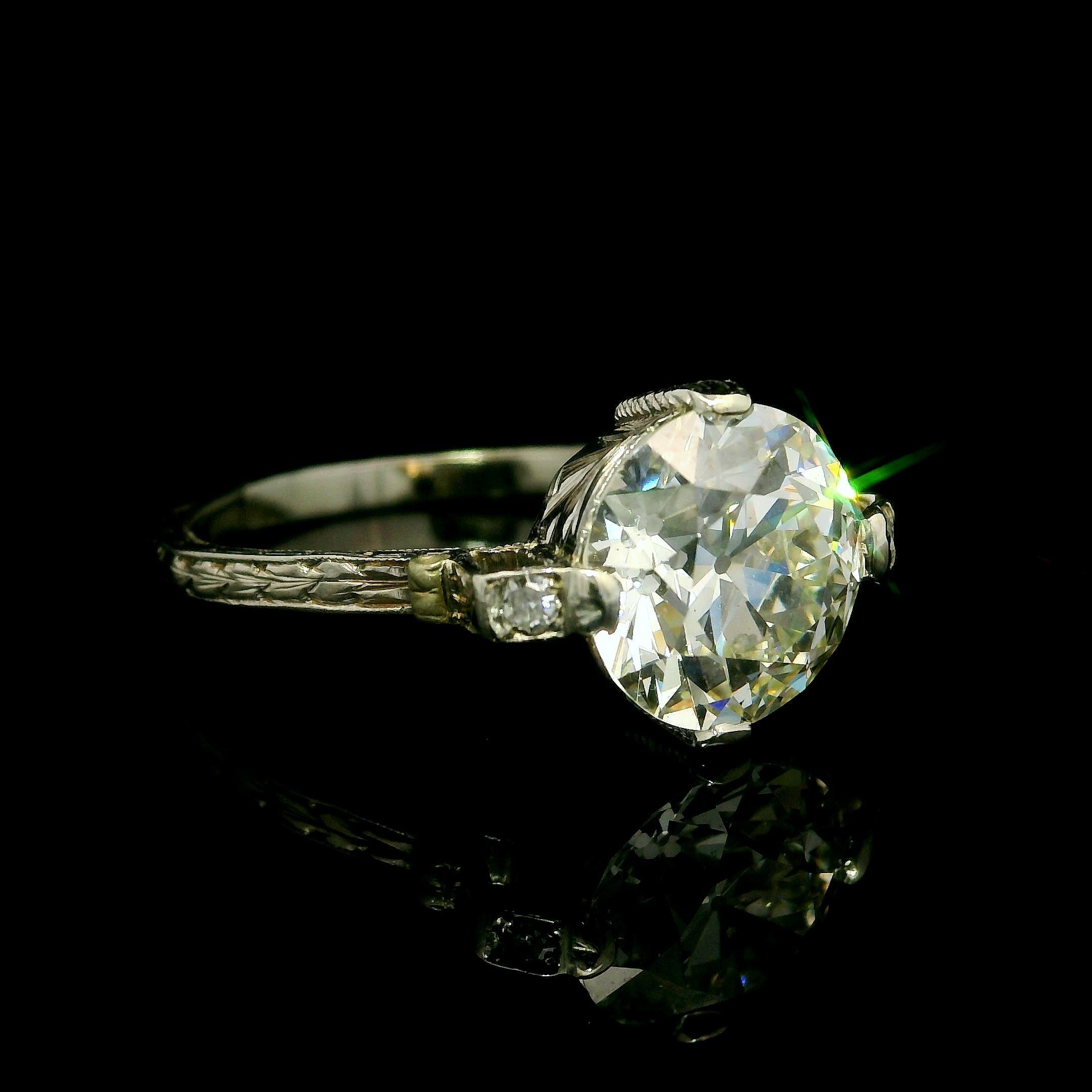 Bague Art déco ancienne gravée à la main en or 18 carats Gia, diamant ancien de 2,37 carats Unisexe en vente