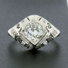Antique Art Deco 18k Gold GIA European Diamond Domed Filigree Engagement Ring