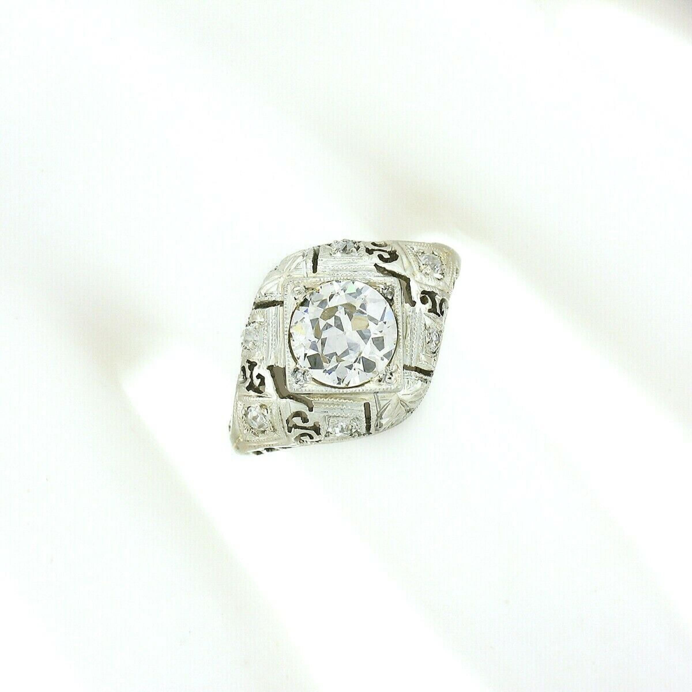 Old European Cut Antique Art Deco 18k Gold GIA European Diamond Domed Filigree Engagement Ring For Sale
