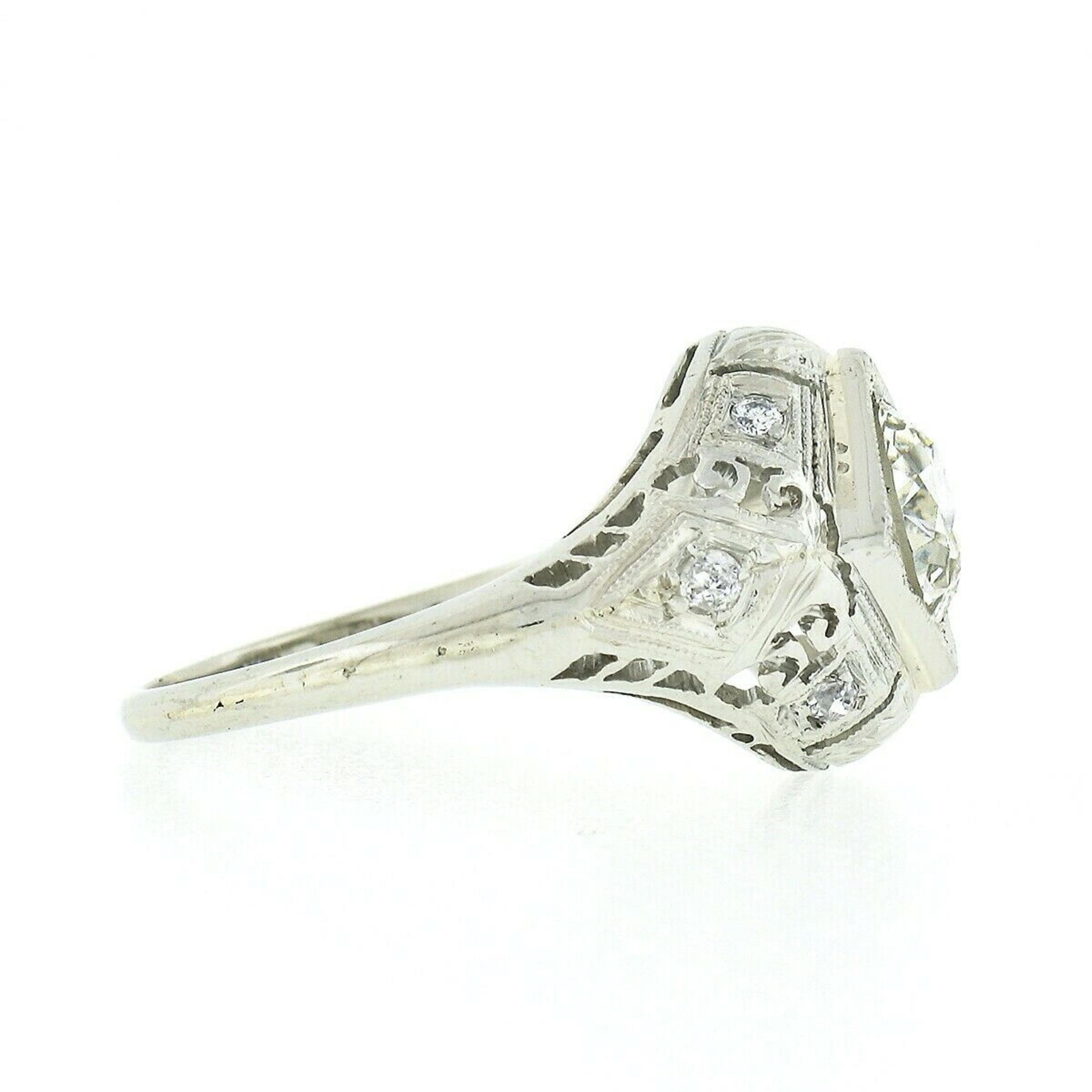 Antique Art Deco 18k Gold GIA European Diamond Domed Filigree Engagement Ring In Good Condition For Sale In Montclair, NJ