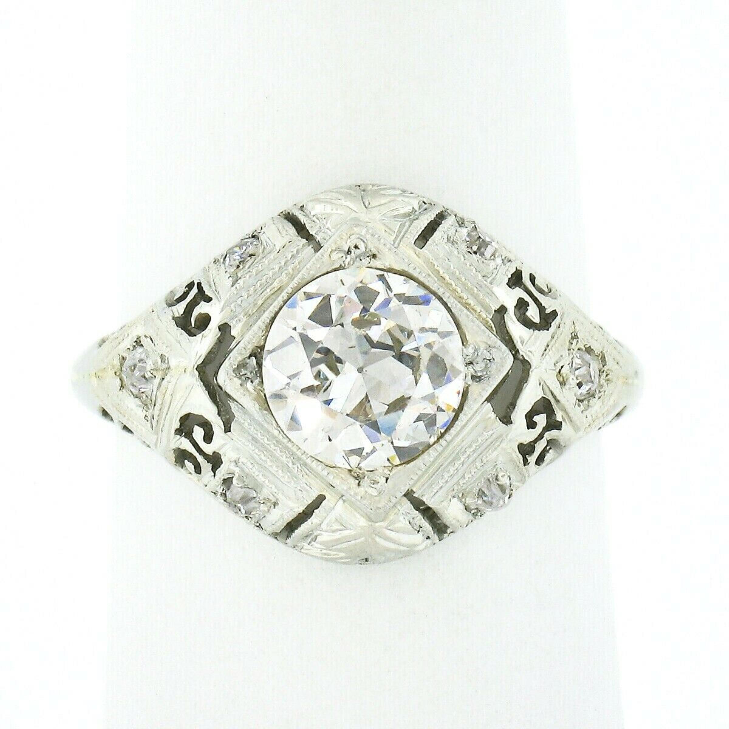 Women's or Men's Antique Art Deco 18k Gold GIA European Diamond Domed Filigree Engagement Ring For Sale