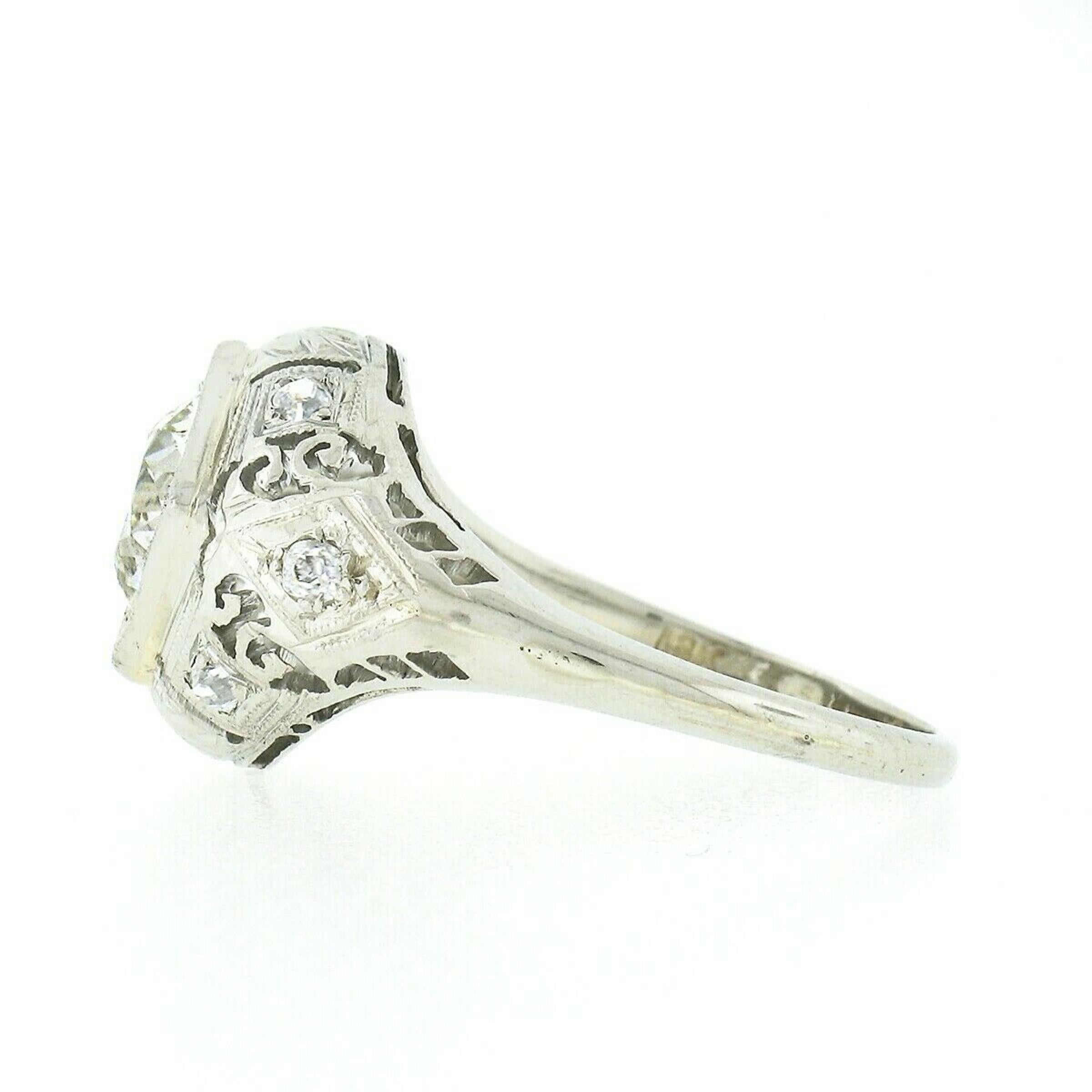 Antique Art Deco 18k Gold GIA European Diamond Domed Filigree Engagement Ring For Sale 1