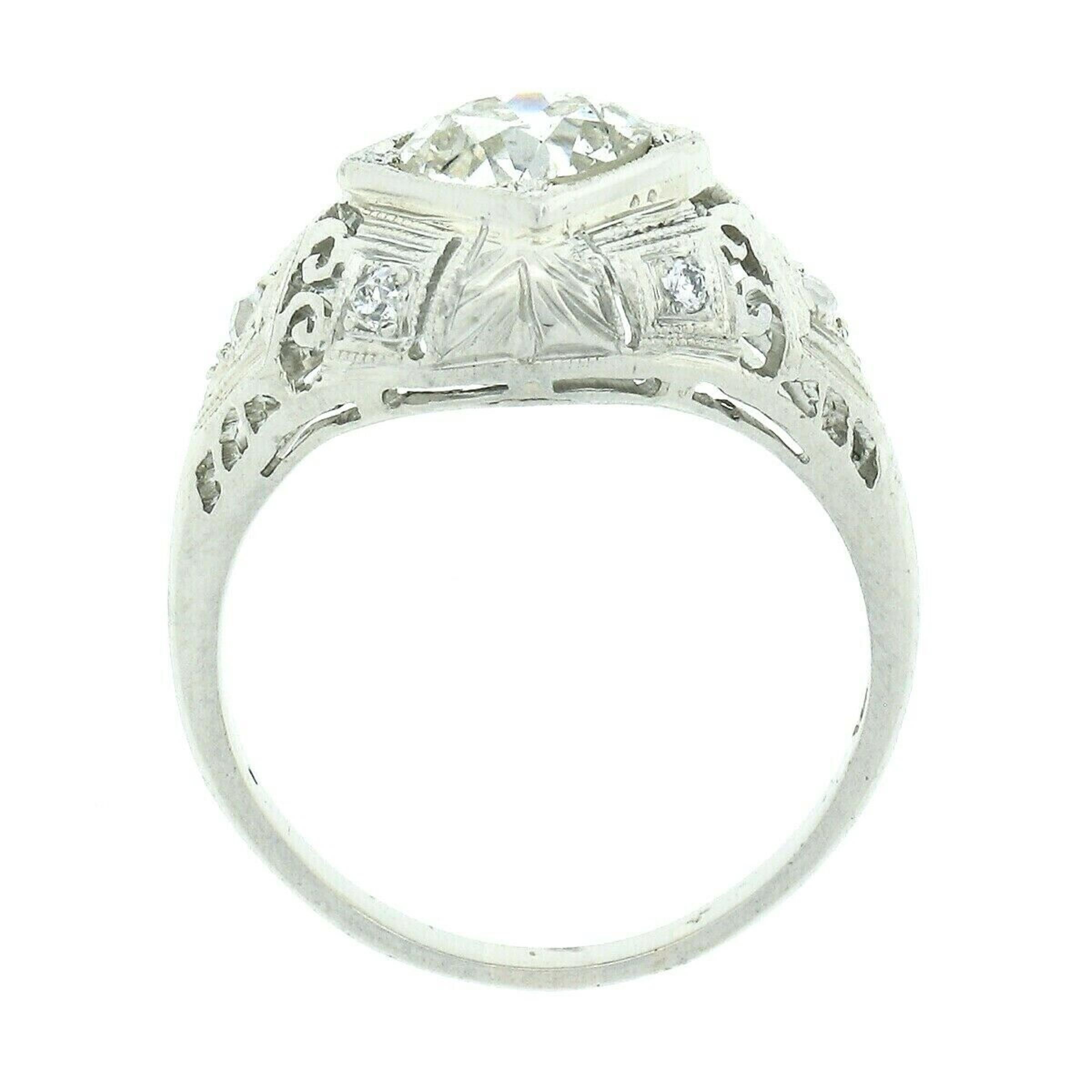 Antique Art Deco 18k Gold GIA European Diamond Domed Filigree Engagement Ring For Sale 3