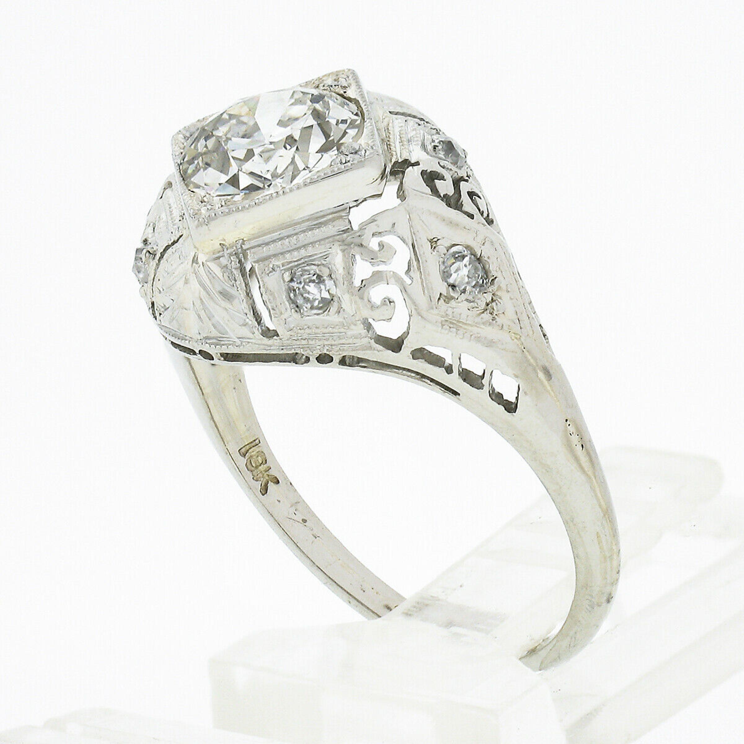 Antique Art Deco 18k Gold GIA European Diamond Domed Filigree Engagement Ring For Sale 4