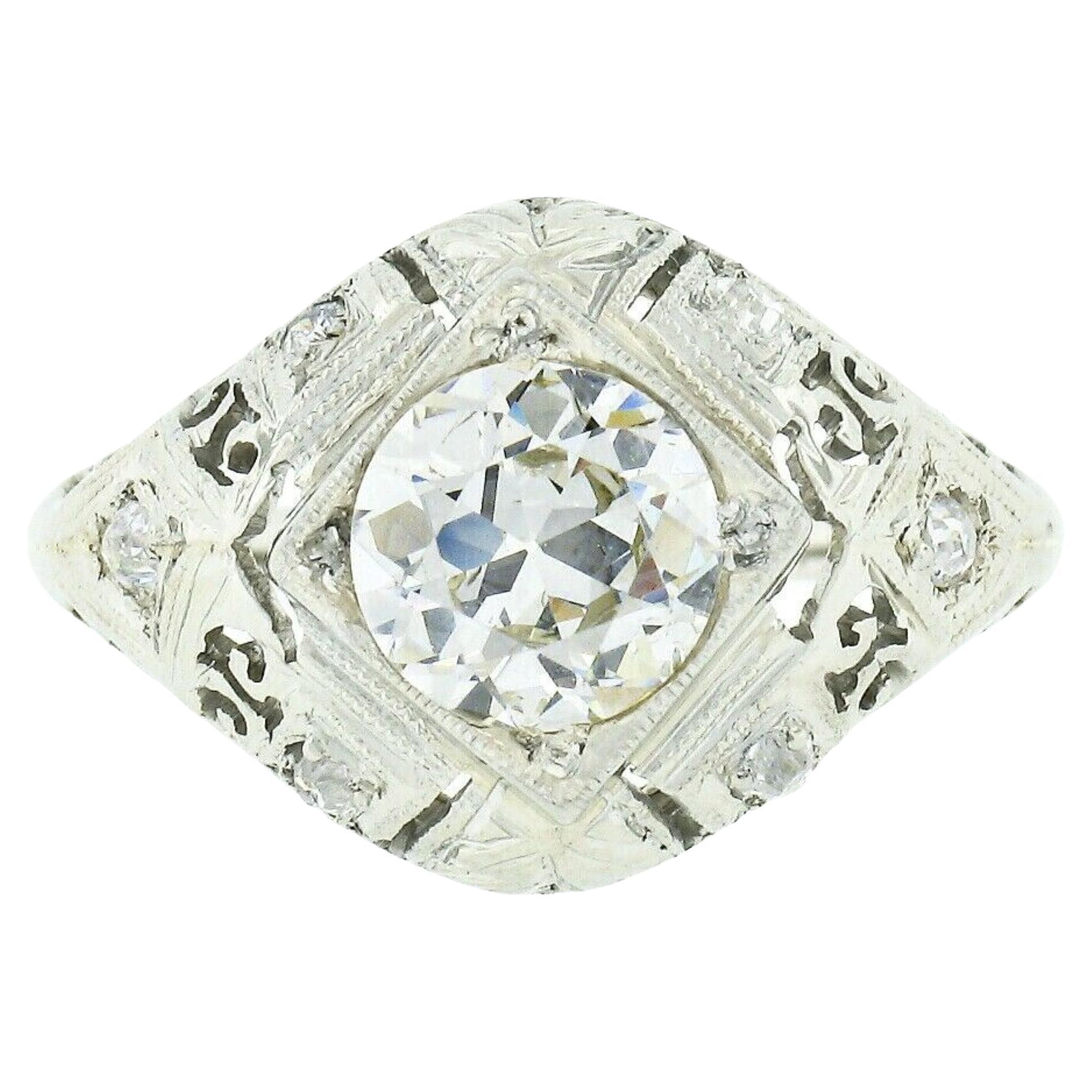 Antique Art Deco 18k Gold GIA European Diamond Domed Filigree Engagement Ring For Sale