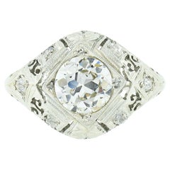 Antique Art Deco 18k Gold GIA European Diamond Domed Filigree Engagement Ring