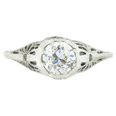 Antique Art Deco 18k Gold GIA European Diamond Solitaire Milgrain Filigree Ring