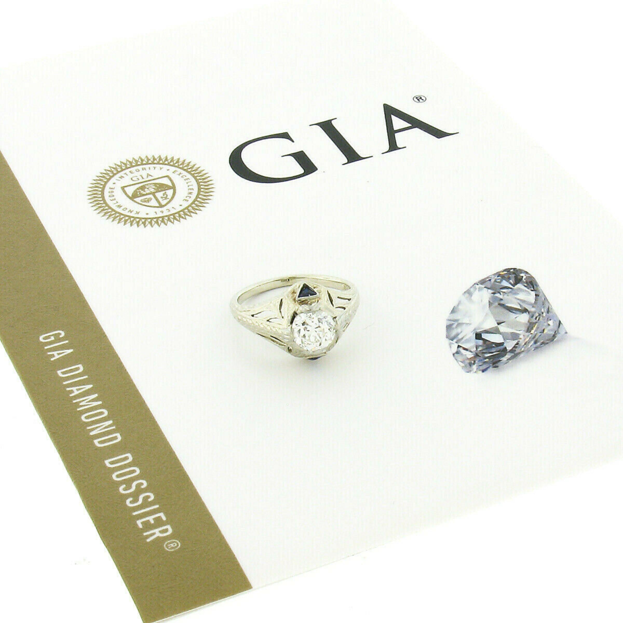 Antique Art Deco 18k Gold GIA Old European Diamond Sapphire Engagement Ring For Sale 5