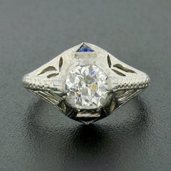 Antique Art Deco 18k Gold GIA Old European Diamond Sapphire Engagement Ring