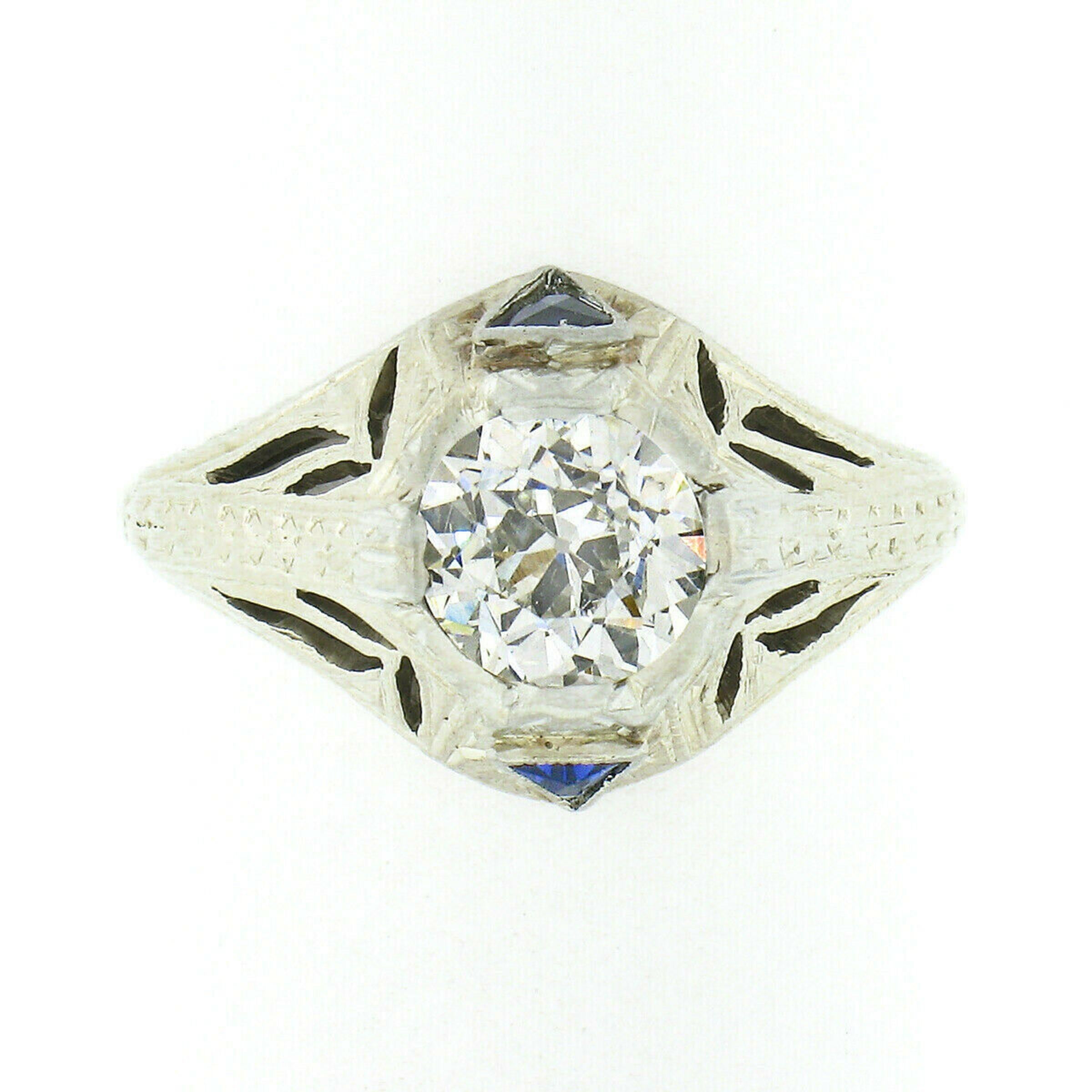 Antique Art Deco 18k Gold GIA Old European Diamond Sapphire Engagement Ring In Good Condition For Sale In Montclair, NJ