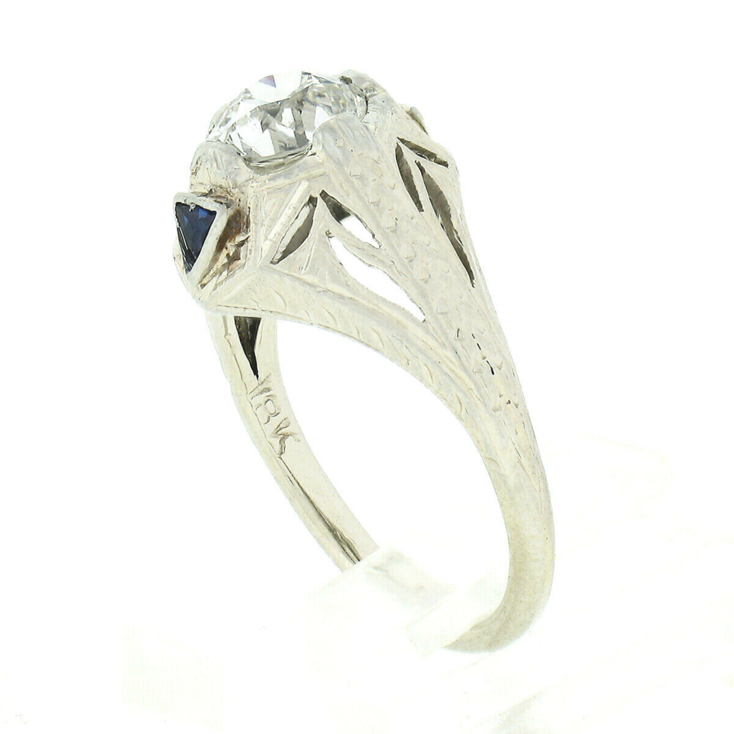 Women's Antique Art Deco 18k Gold GIA Old European Diamond Sapphire Engagement Ring For Sale