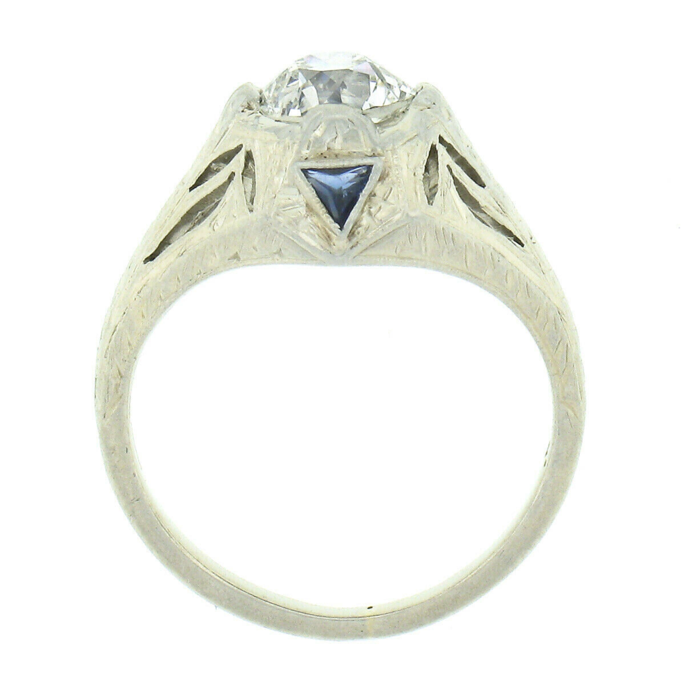 Antique Art Deco 18k Gold GIA Old European Diamond Sapphire Engagement Ring For Sale 1