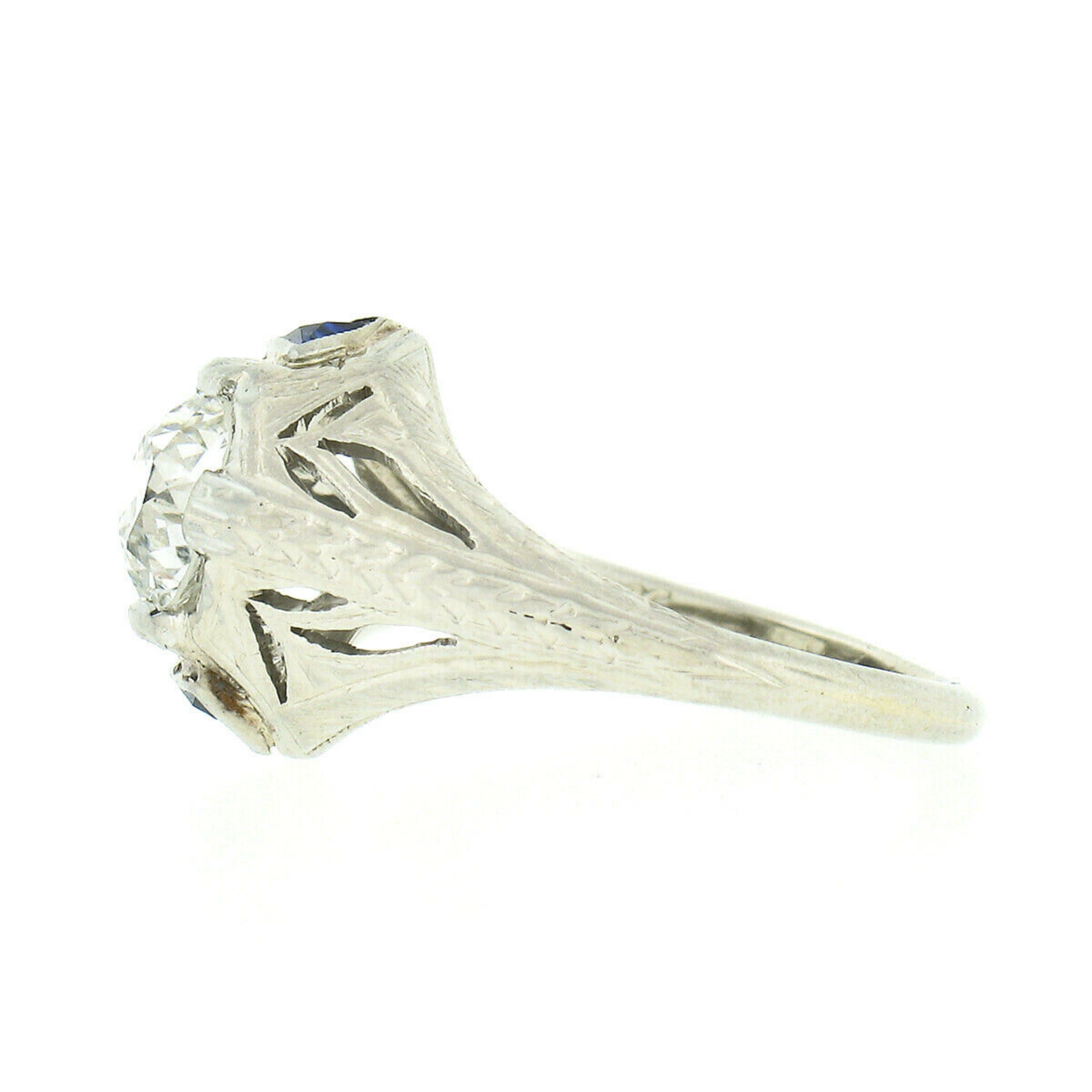 Antique Art Deco 18k Gold GIA Old European Diamond Sapphire Engagement Ring For Sale 2