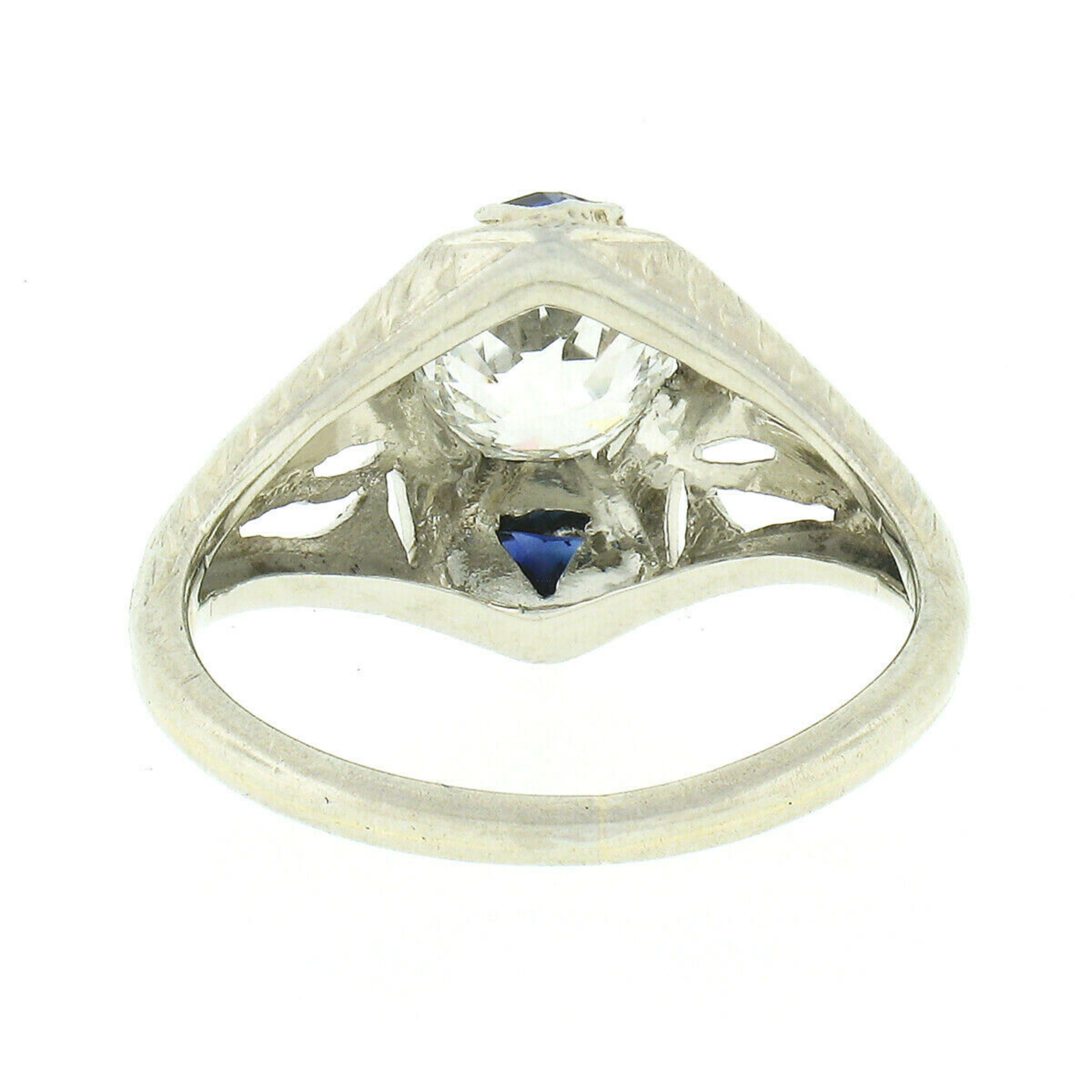 Antique Art Deco 18k Gold GIA Old European Diamond Sapphire Engagement Ring For Sale 4