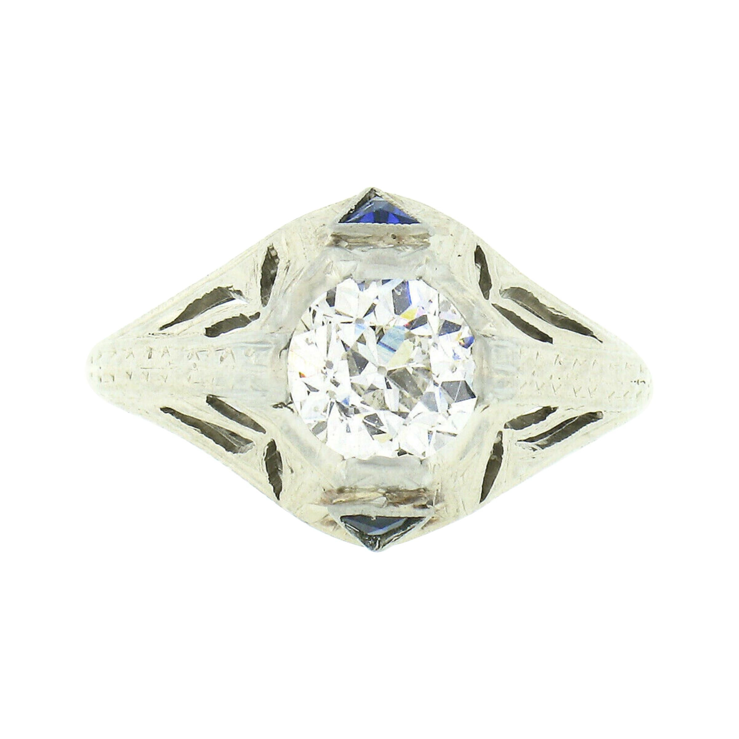 Antiker antiker Art Deco Verlobungsring, 18k Gold GIA alter europäischer Diamant Saphir