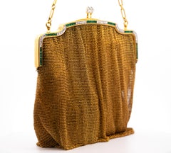Antique Art Deco 18K Gold Mesh Evening Bag With Emerald and Diamond Frame