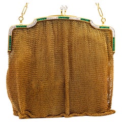 Used Art Deco 18K Gold Mesh Evening Bag With Emerald and Diamond Frame