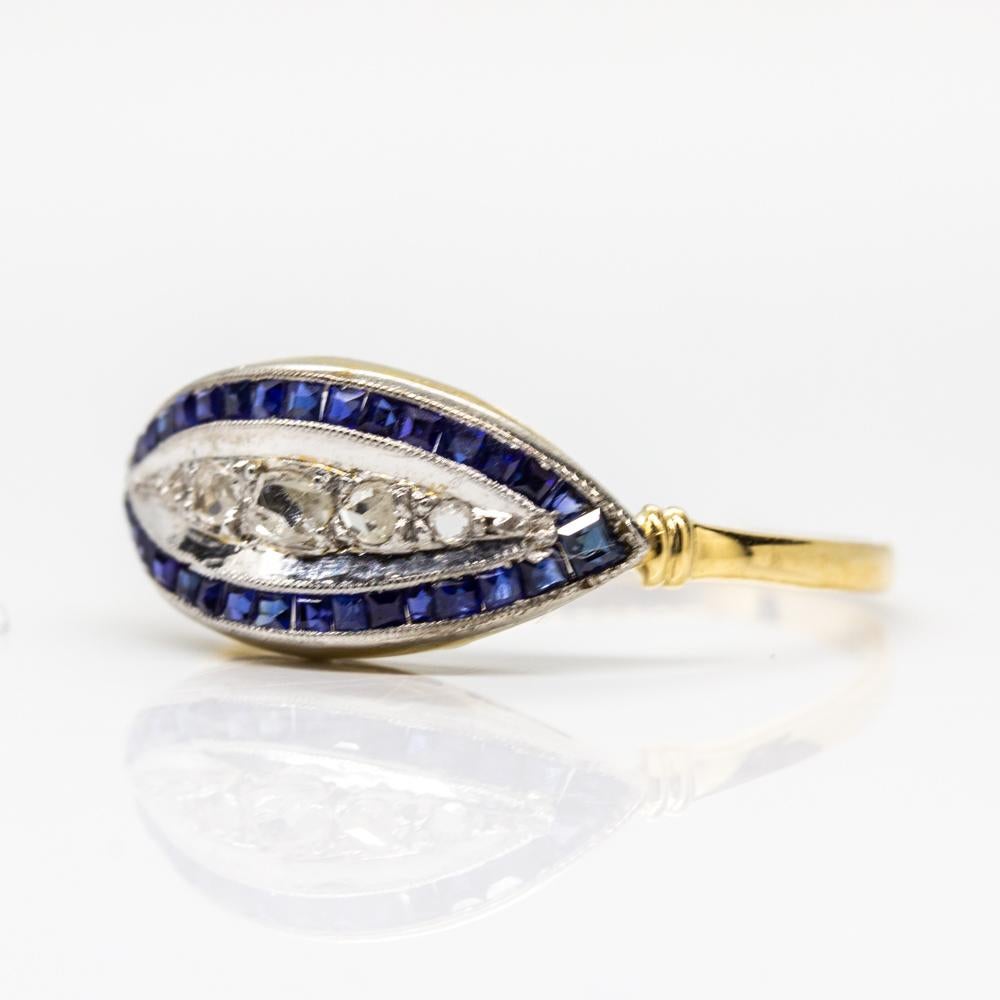Antique Art Deco 18 Karat Gold and Platinum Diamonds and Sapphires Ring In Excellent Condition In Miami, FL