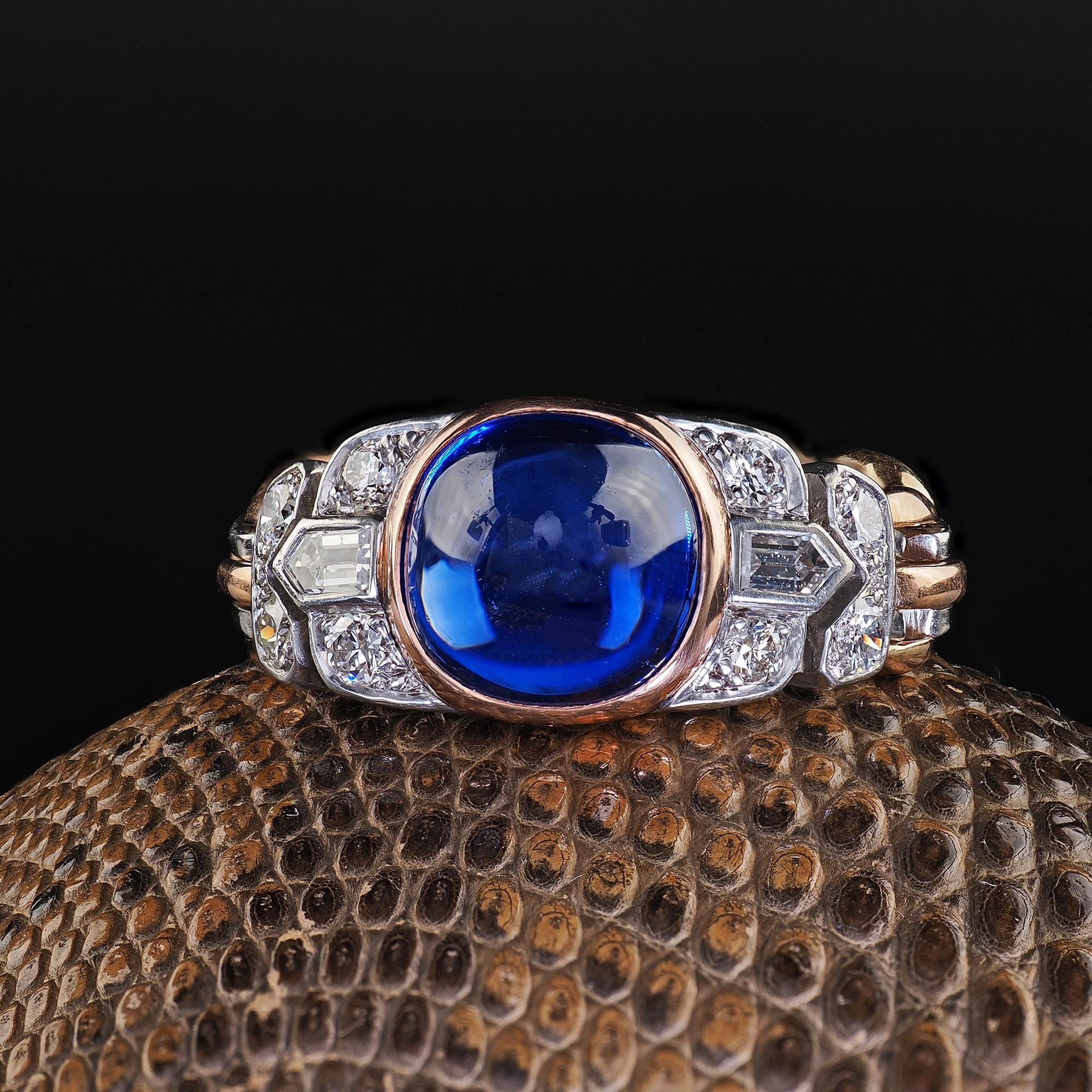 Beautiful Antique Art Deco 18K Gold Platinum Kashmir Sapphire Diamond Flexible Ring - AGL/SSEF/GIA. This magnificent Art Deco ring is crafted in 18k rose gold and platinum. This ring has a natural sugar loaf sapphire in the center that has three