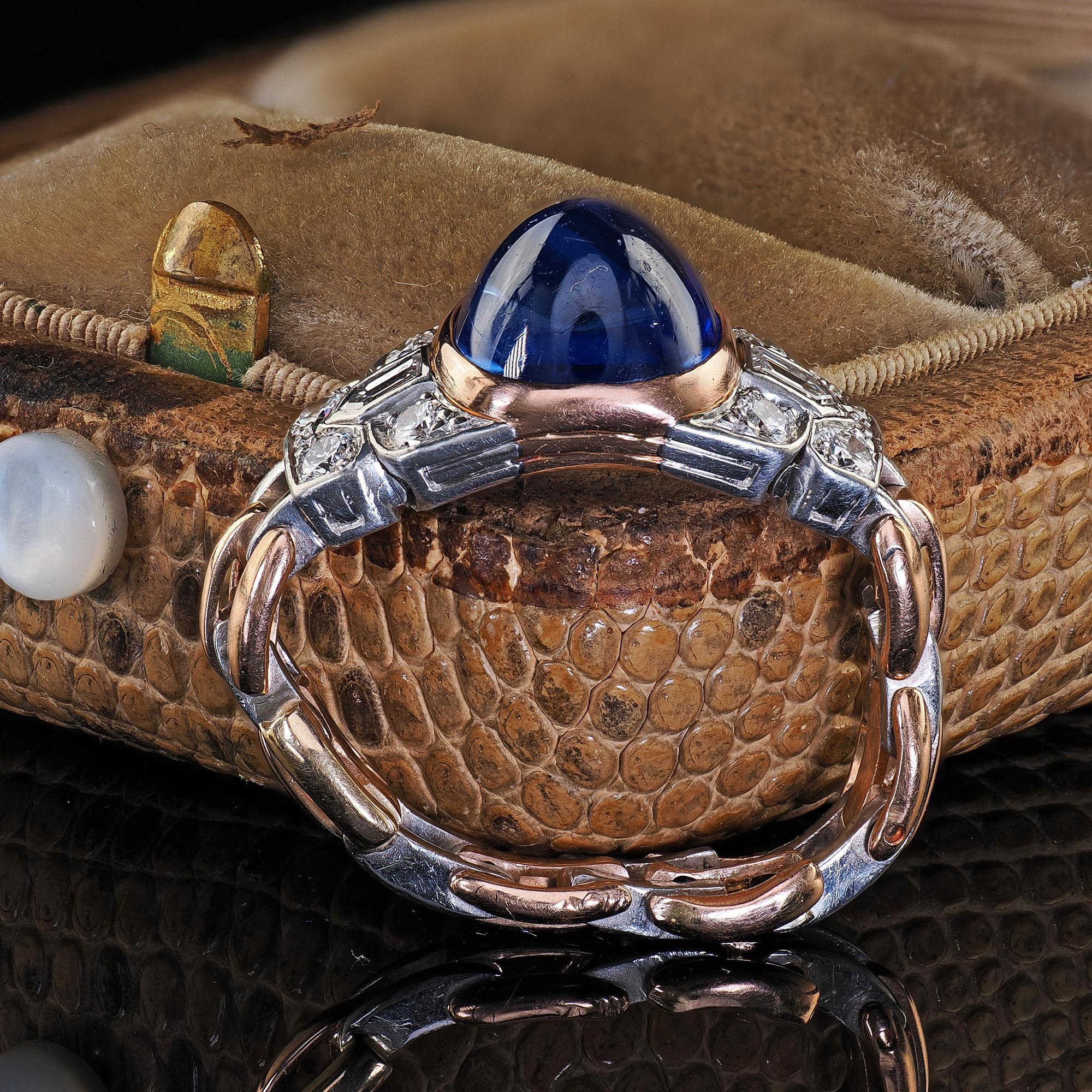 Sugarloaf Cabochon Antique Art Deco 18K Gold Platinum Kashmir Sapphire Diamond Flexible Ring - AGL For Sale