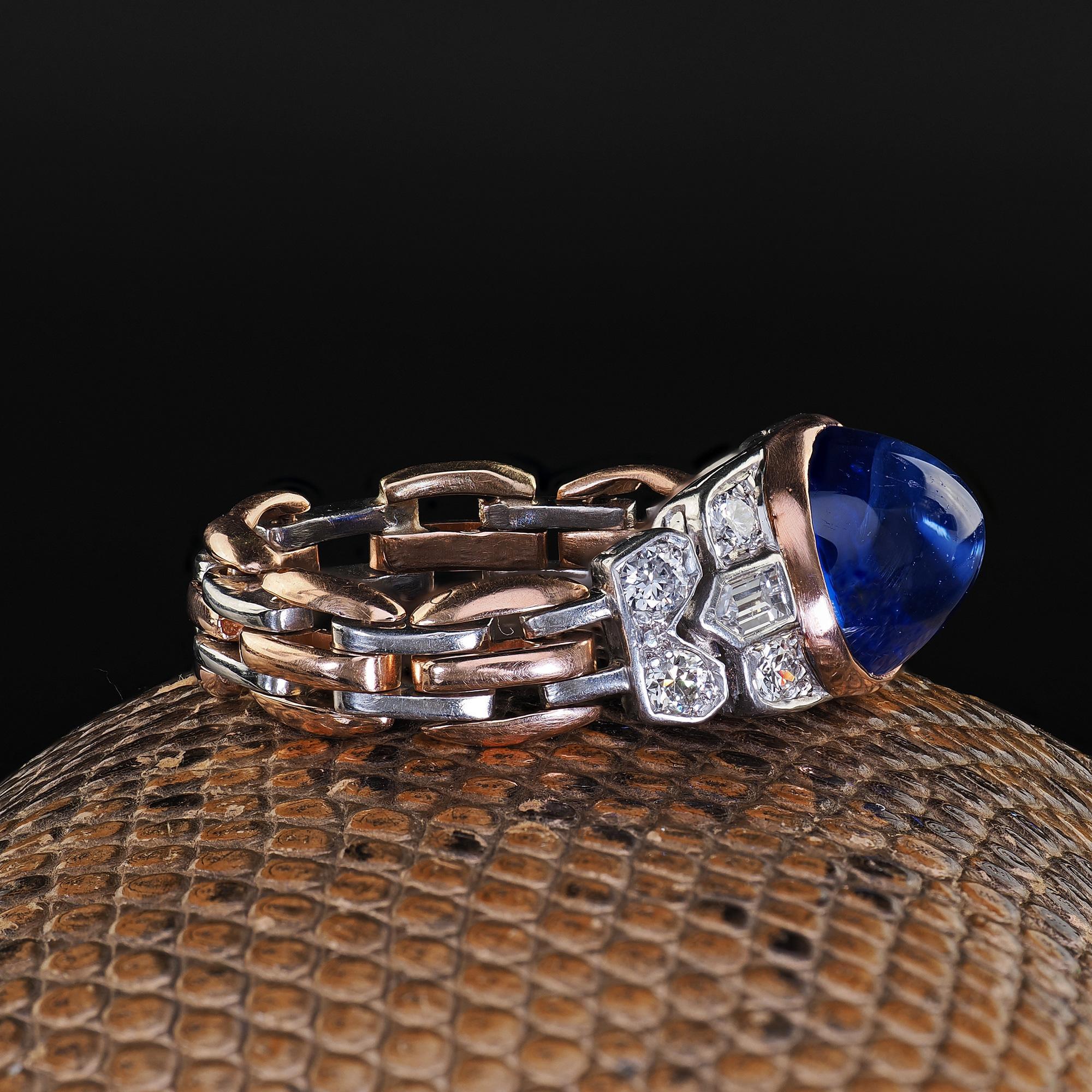 Antique Art Deco 18K Gold Platinum Kashmir Sapphire Diamond Flexible Ring - AGL In Good Condition For Sale In Great Neck, NY