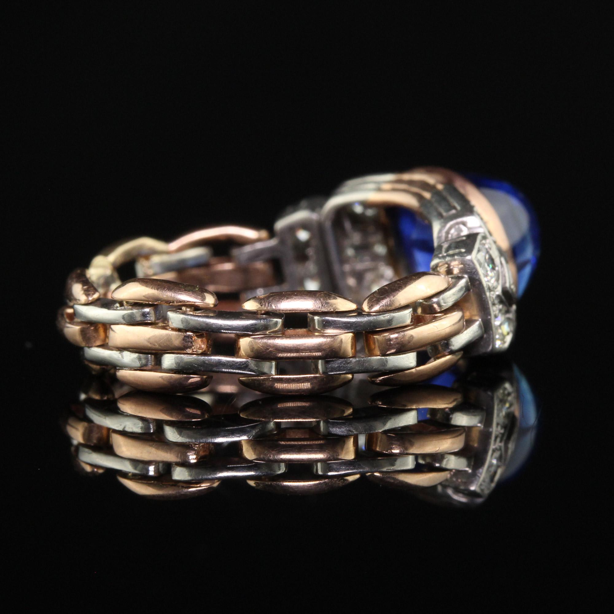 Women's Antique Art Deco 18K Gold Platinum Kashmir Sapphire Diamond Flexible Ring - AGL For Sale