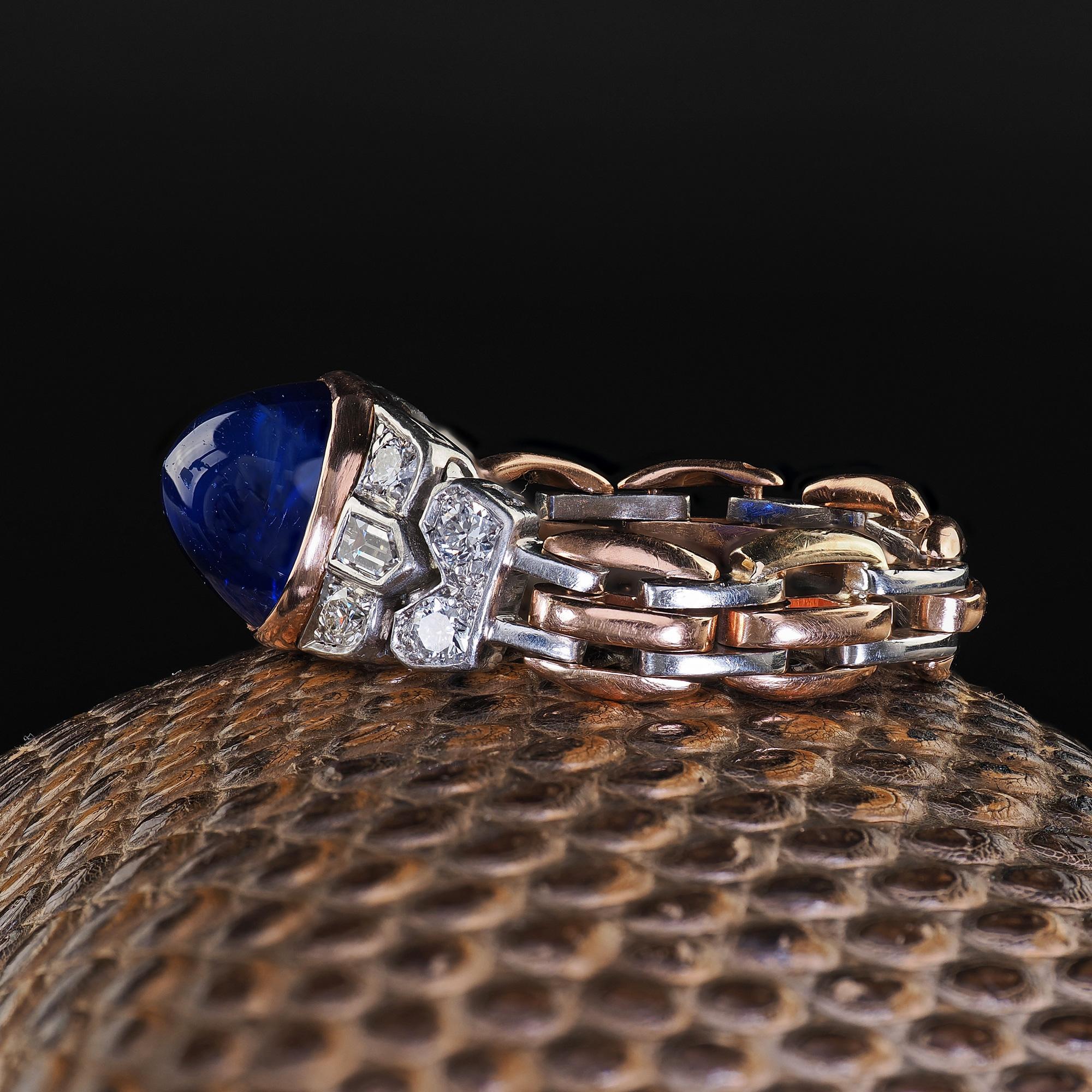 Women's Antique Art Deco 18K Gold Platinum Kashmir Sapphire Diamond Flexible Ring - AGL For Sale