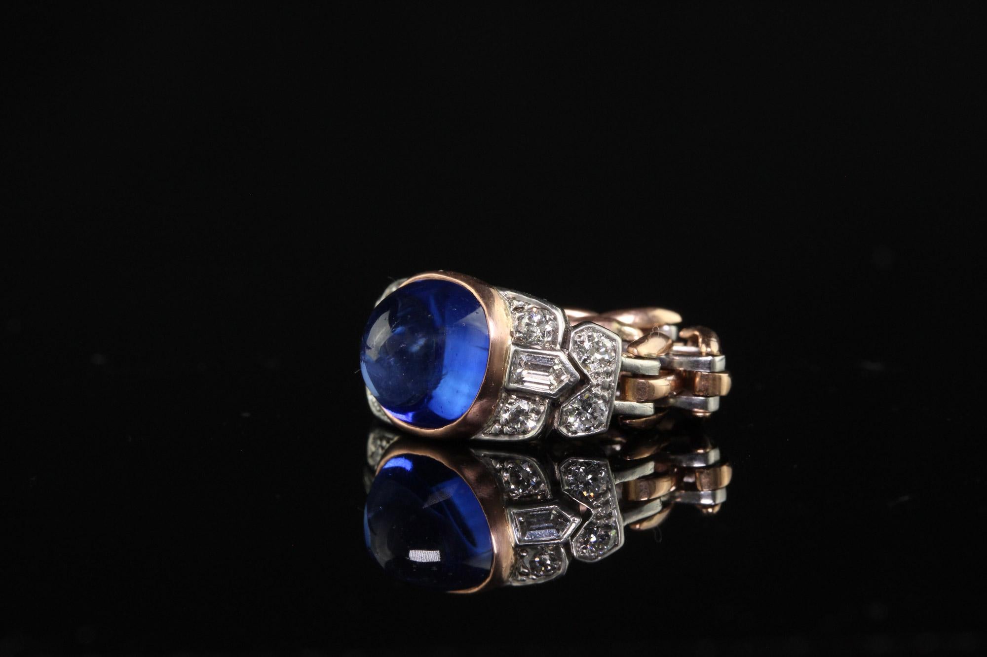Antiker, flexibler Art-Déco-Ring aus 18 Karat Gold Platin mit Kaschmir-Saphir und Diamant - AGL im Angebot 1