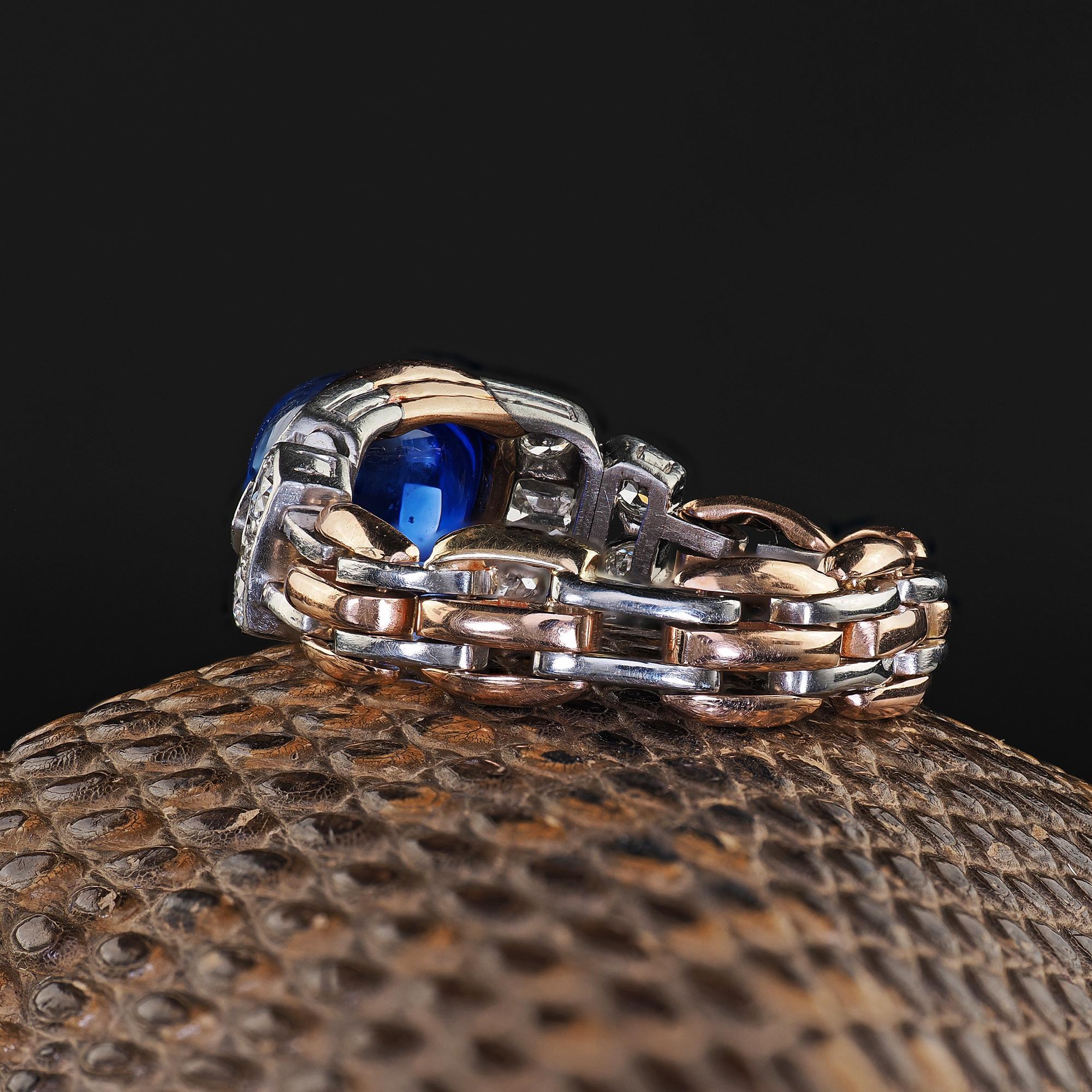 Antique Art Deco 18K Gold Platinum Kashmir Sapphire Diamond Flexible Ring - AGL For Sale 2