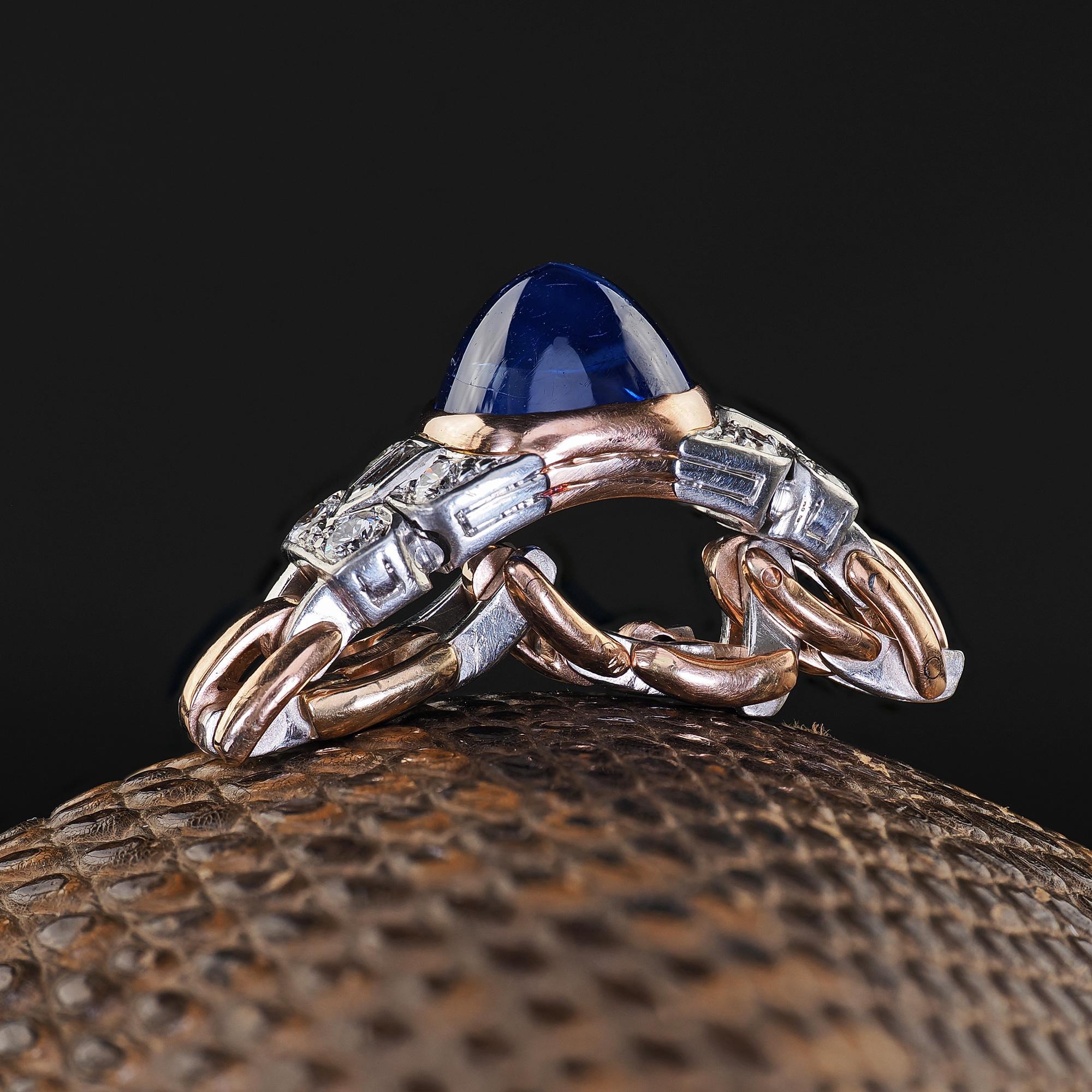 Antique Art Deco 18K Gold Platinum Kashmir Sapphire Diamond Flexible Ring - AGL For Sale 3