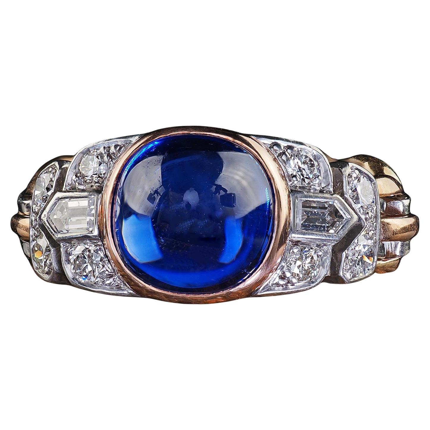 Antiker, flexibler Art-Déco-Ring aus 18 Karat Gold Platin mit Kaschmir-Saphir und Diamant - AGL