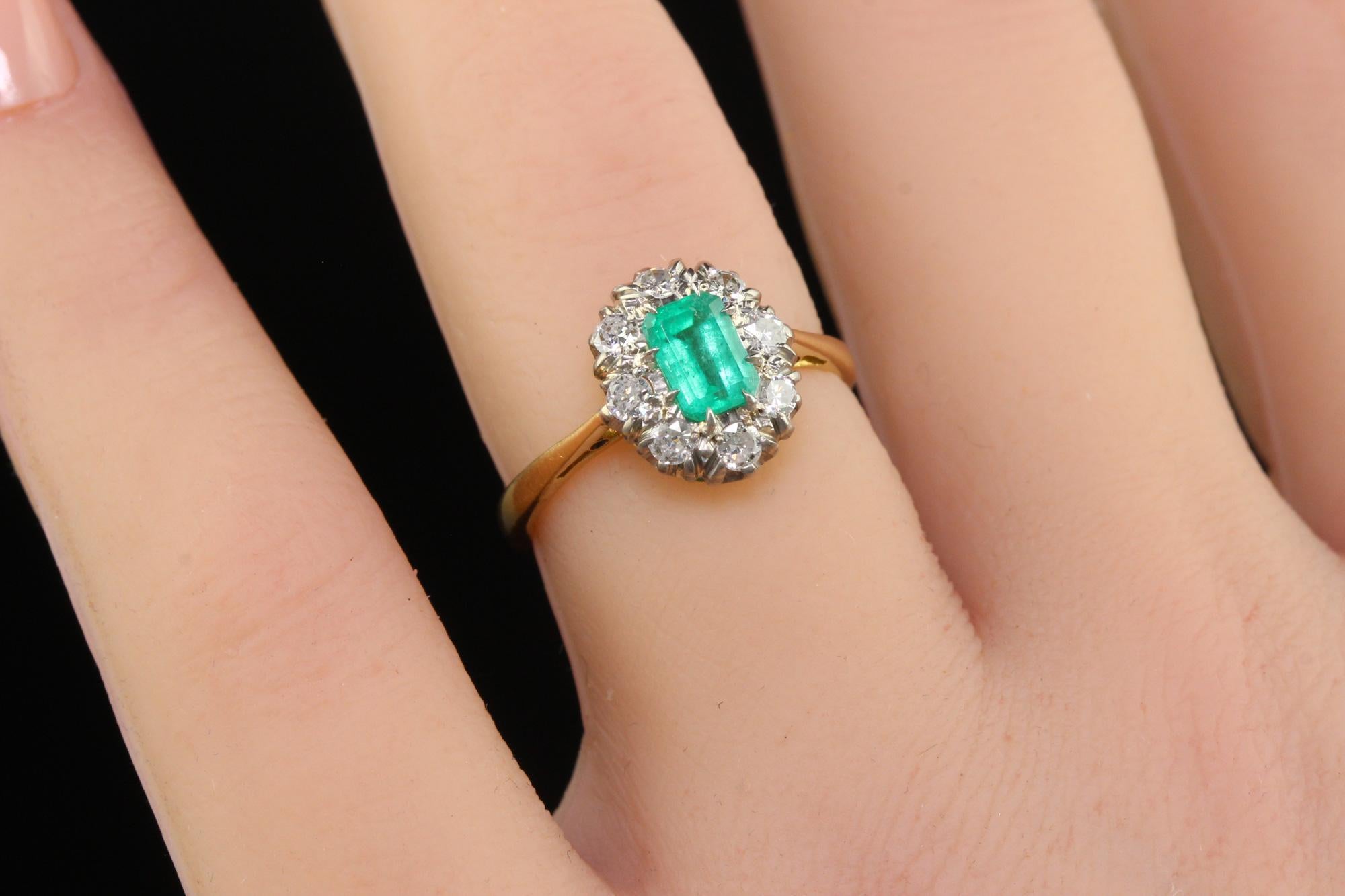 Bague de fiançailles Art déco ancienne en or 18 carats, platine, diamant européen ancien et émeraude 5