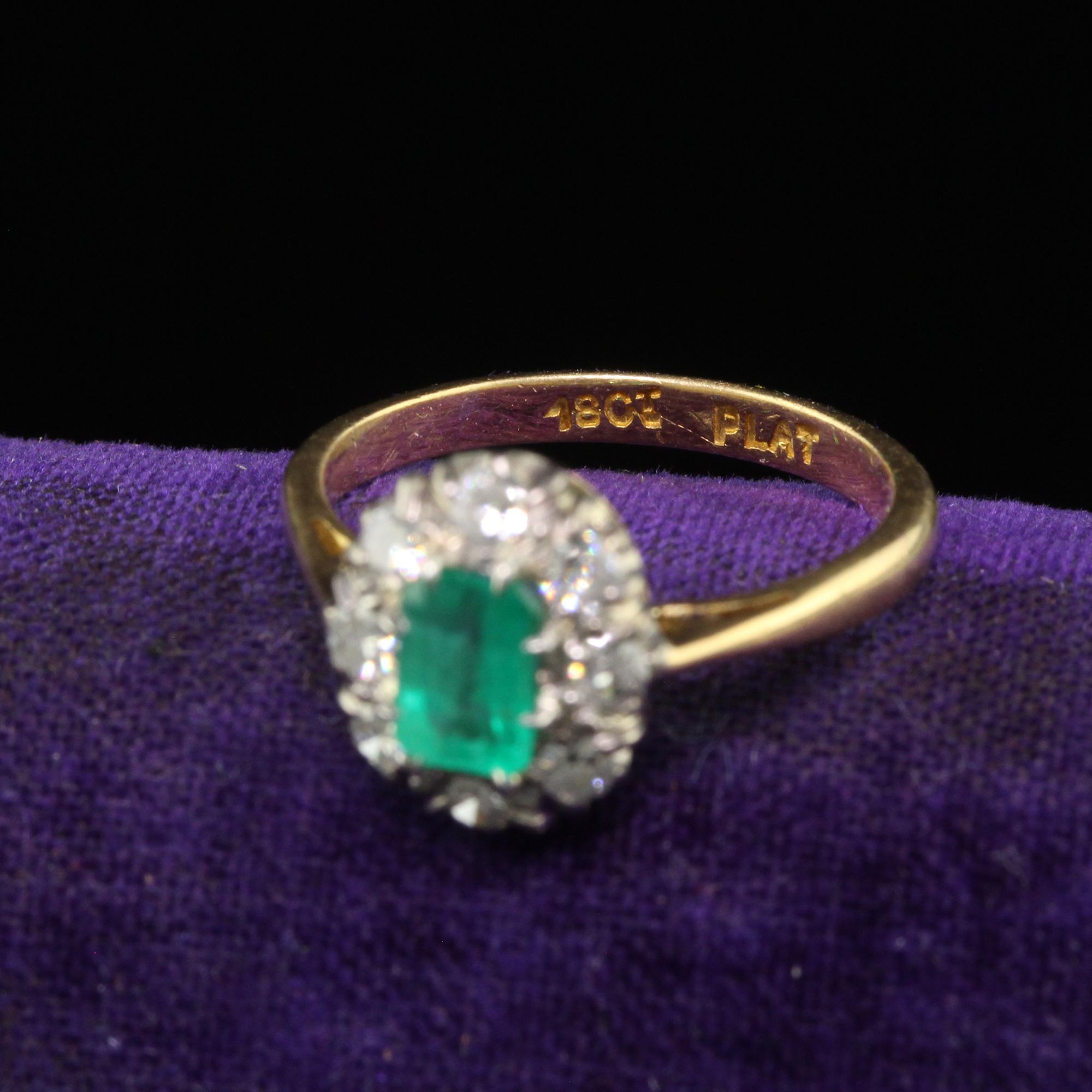 Bague de fiançailles Art déco ancienne en or 18 carats, platine, diamant européen ancien et émeraude 1