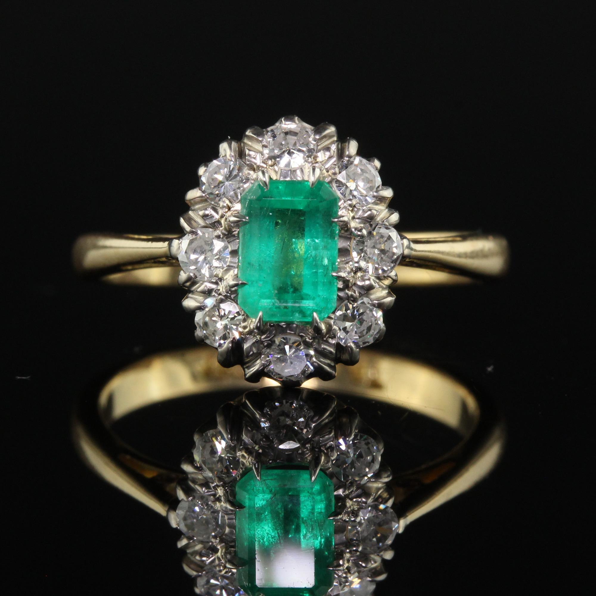 Bague de fiançailles Art déco ancienne en or 18 carats, platine, diamant européen ancien et émeraude 2