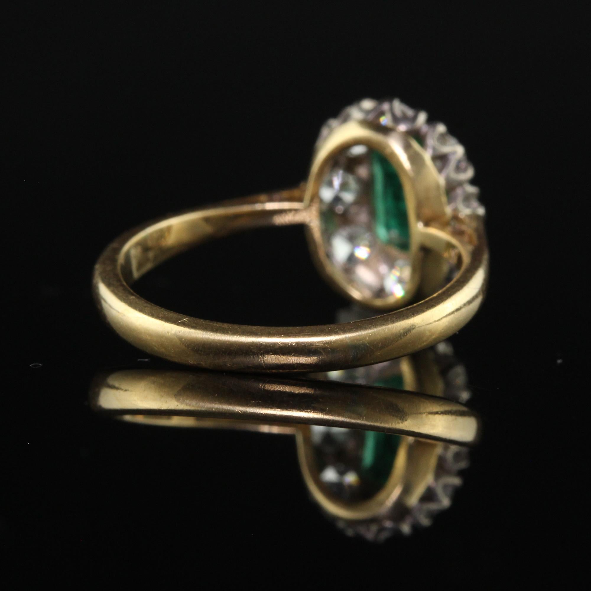 Bague de fiançailles Art déco ancienne en or 18 carats, platine, diamant européen ancien et émeraude 3
