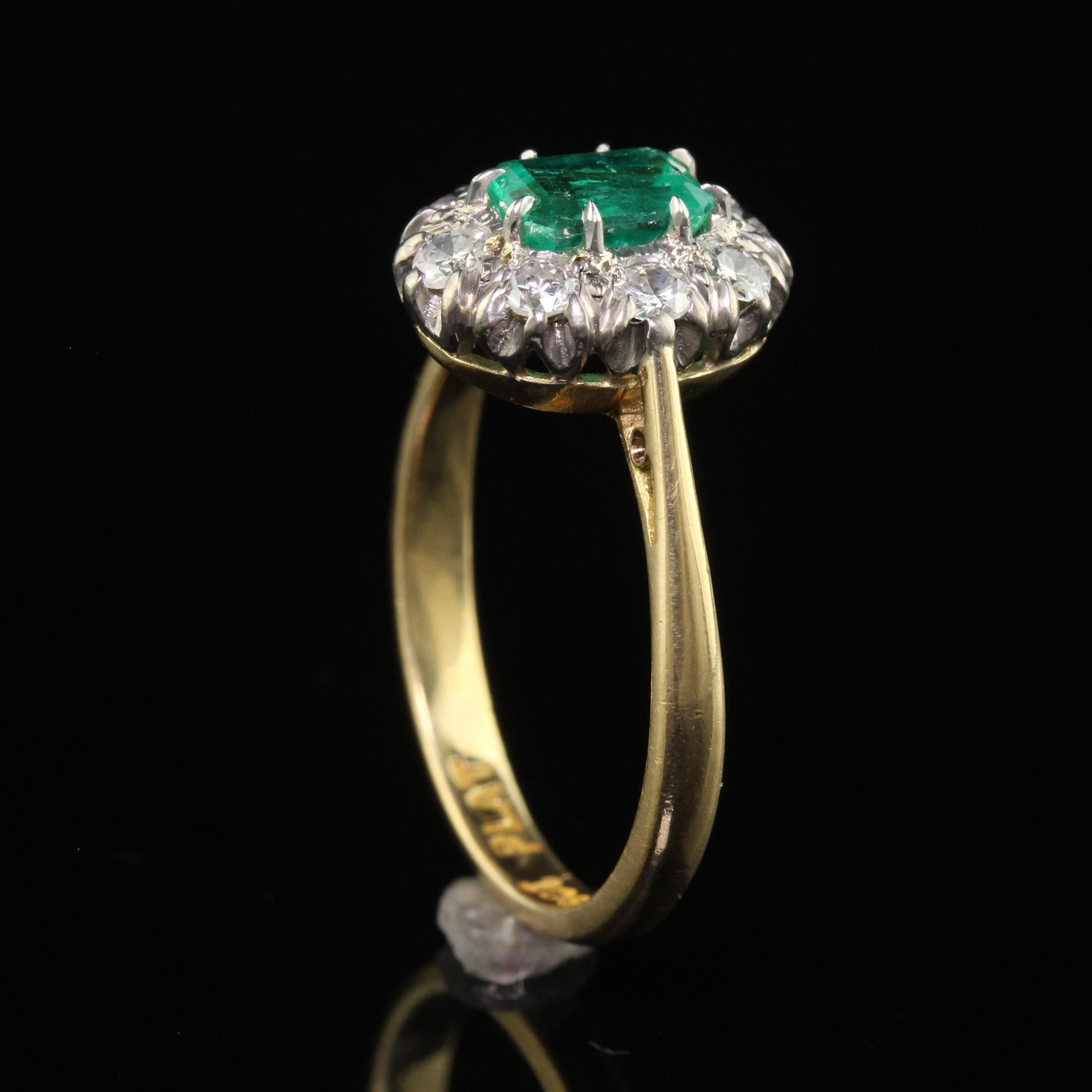 Bague de fiançailles Art déco ancienne en or 18 carats, platine, diamant européen ancien et émeraude 4