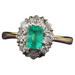 Bague de fiançailles Art déco ancienne en or 18 carats, platine, diamant européen ancien et émeraude