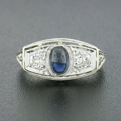 Antique Art Deco 18k Gold & Platinum Sapphire Diamond 3 Stone Filigree Band Ring