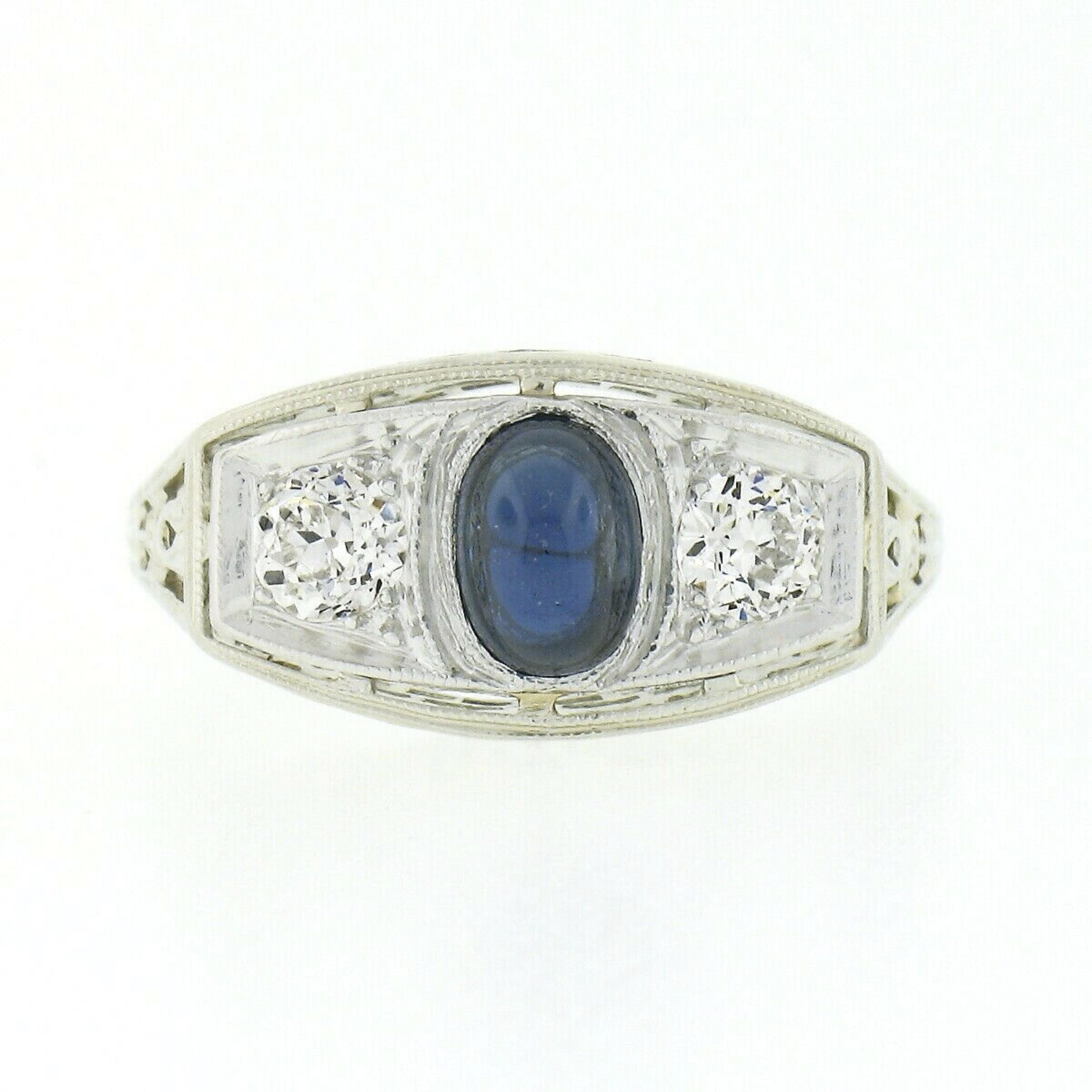 Oval Cut Antique Art Deco 18k Gold & Platinum Sapphire Diamond 3 Stone Filigree Band Ring For Sale