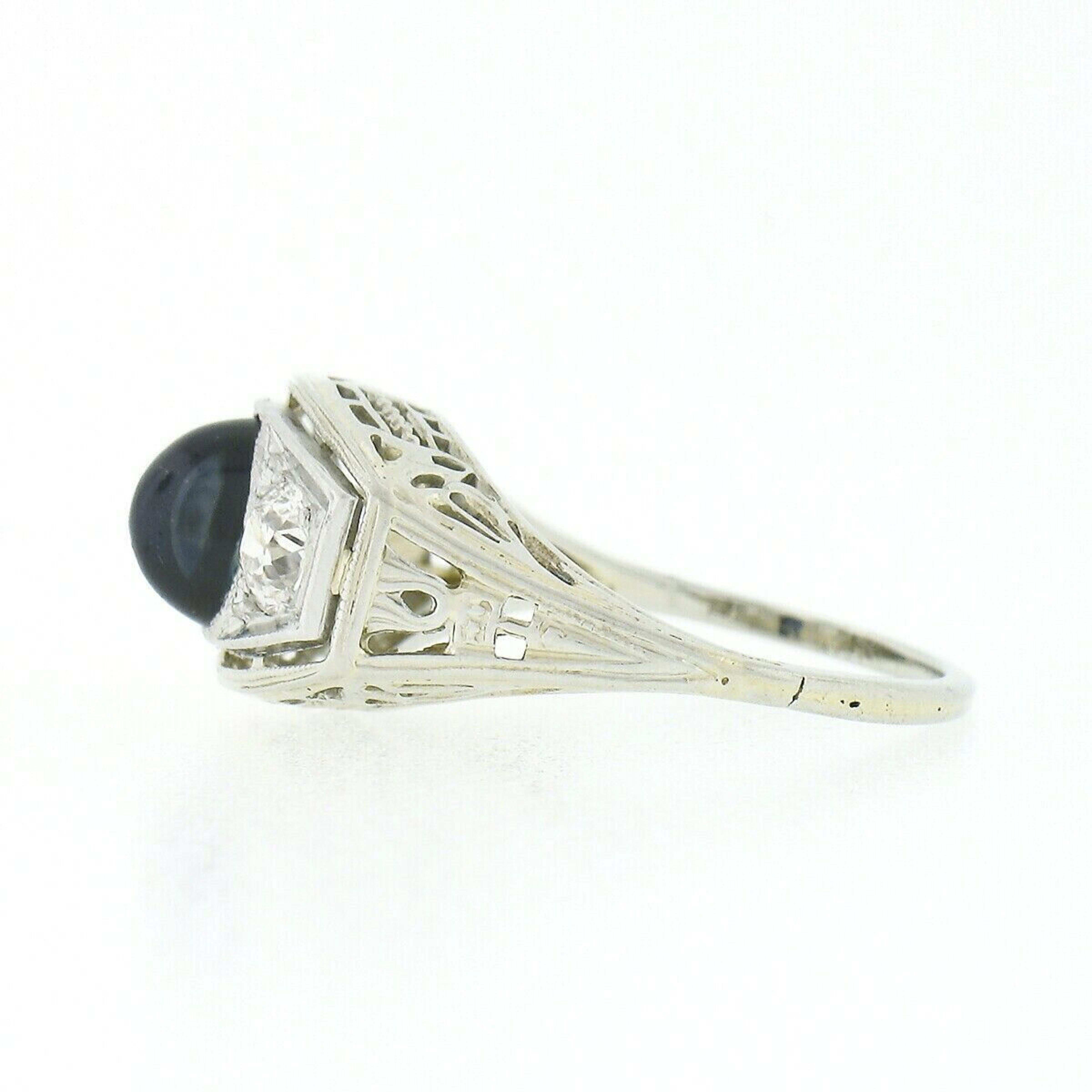 Women's or Men's Antique Art Deco 18k Gold & Platinum Sapphire Diamond 3 Stone Filigree Band Ring For Sale