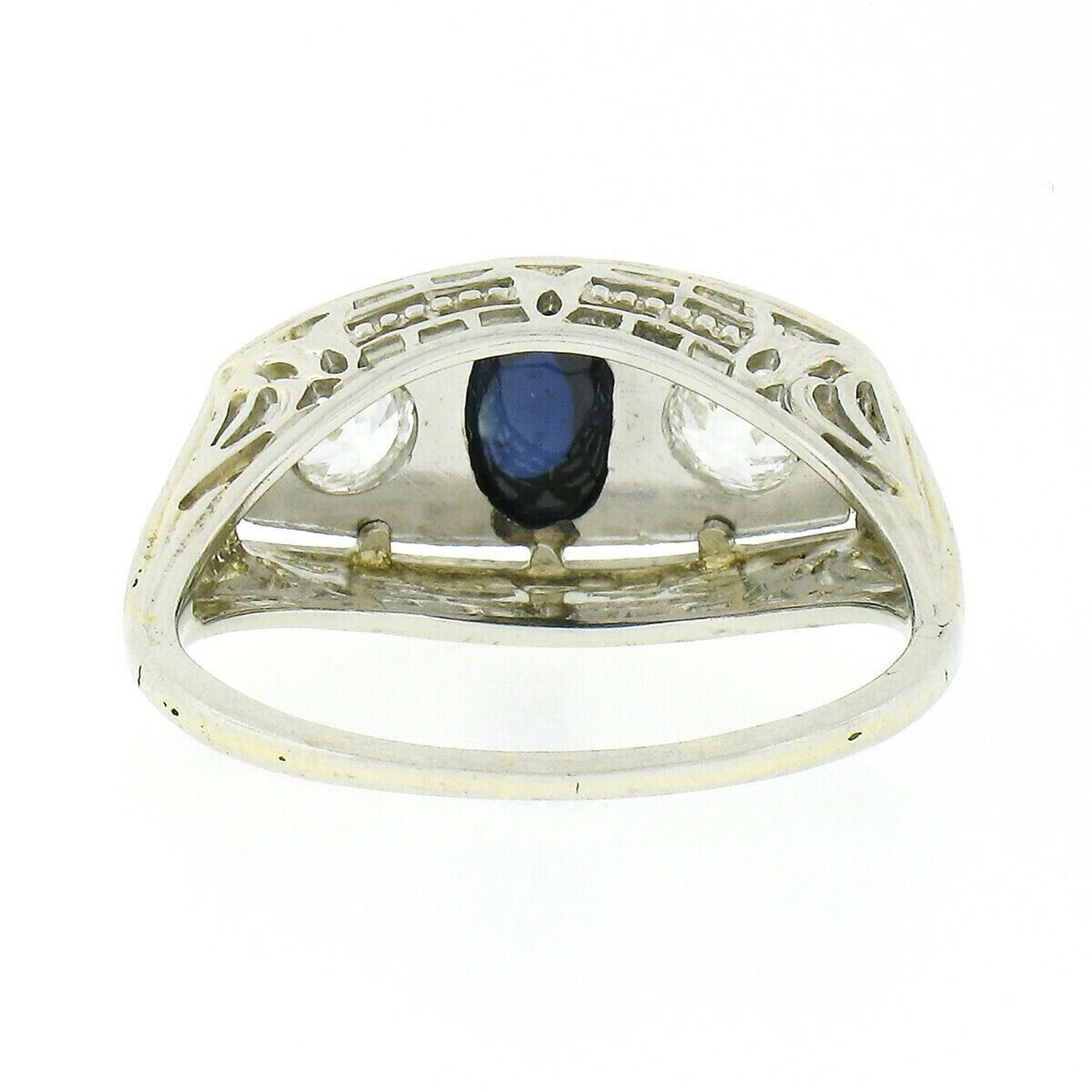 Antique Art Deco 18k Gold & Platinum Sapphire Diamond 3 Stone Filigree Band Ring For Sale 1