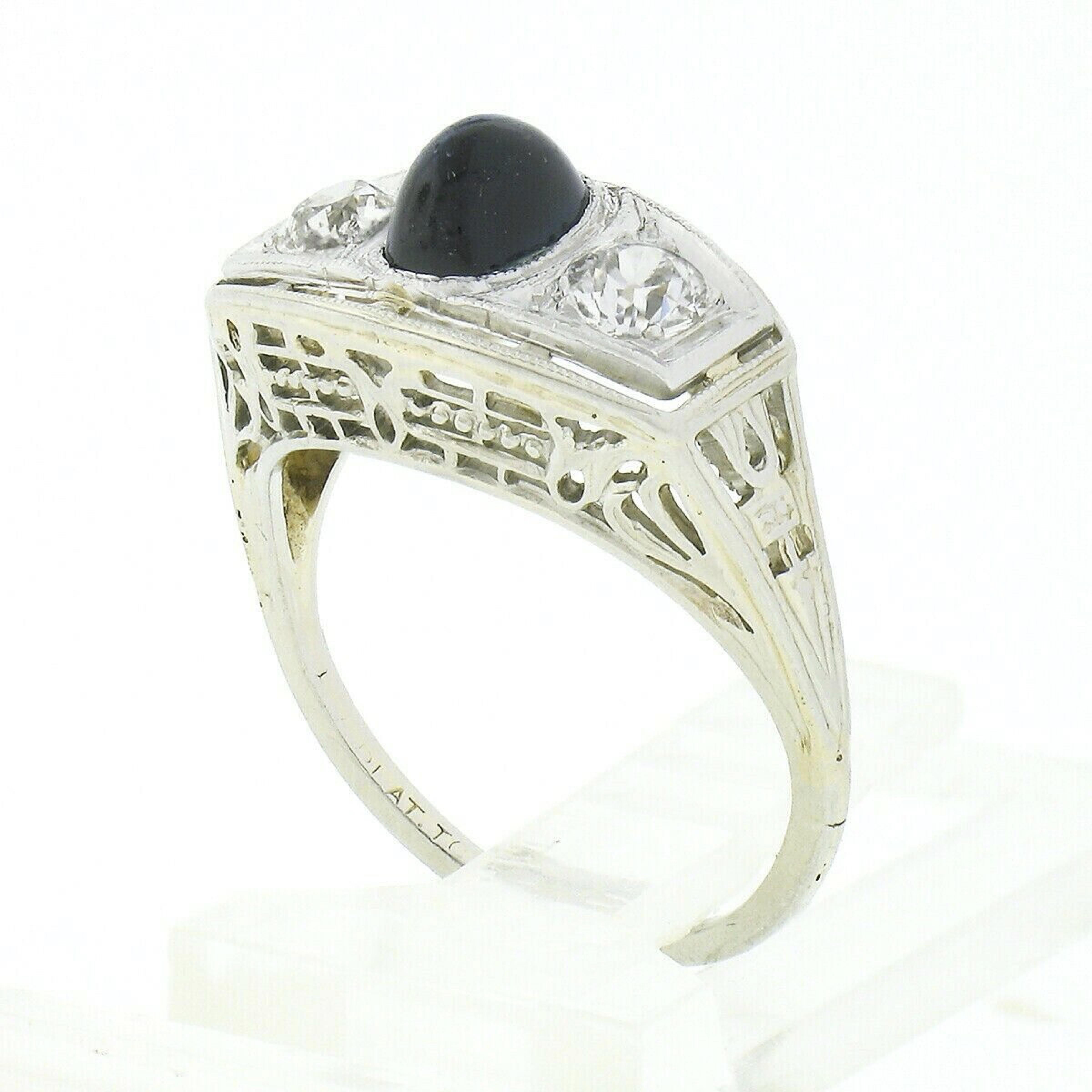 Antique Art Deco 18k Gold & Platinum Sapphire Diamond 3 Stone Filigree Band Ring For Sale 3