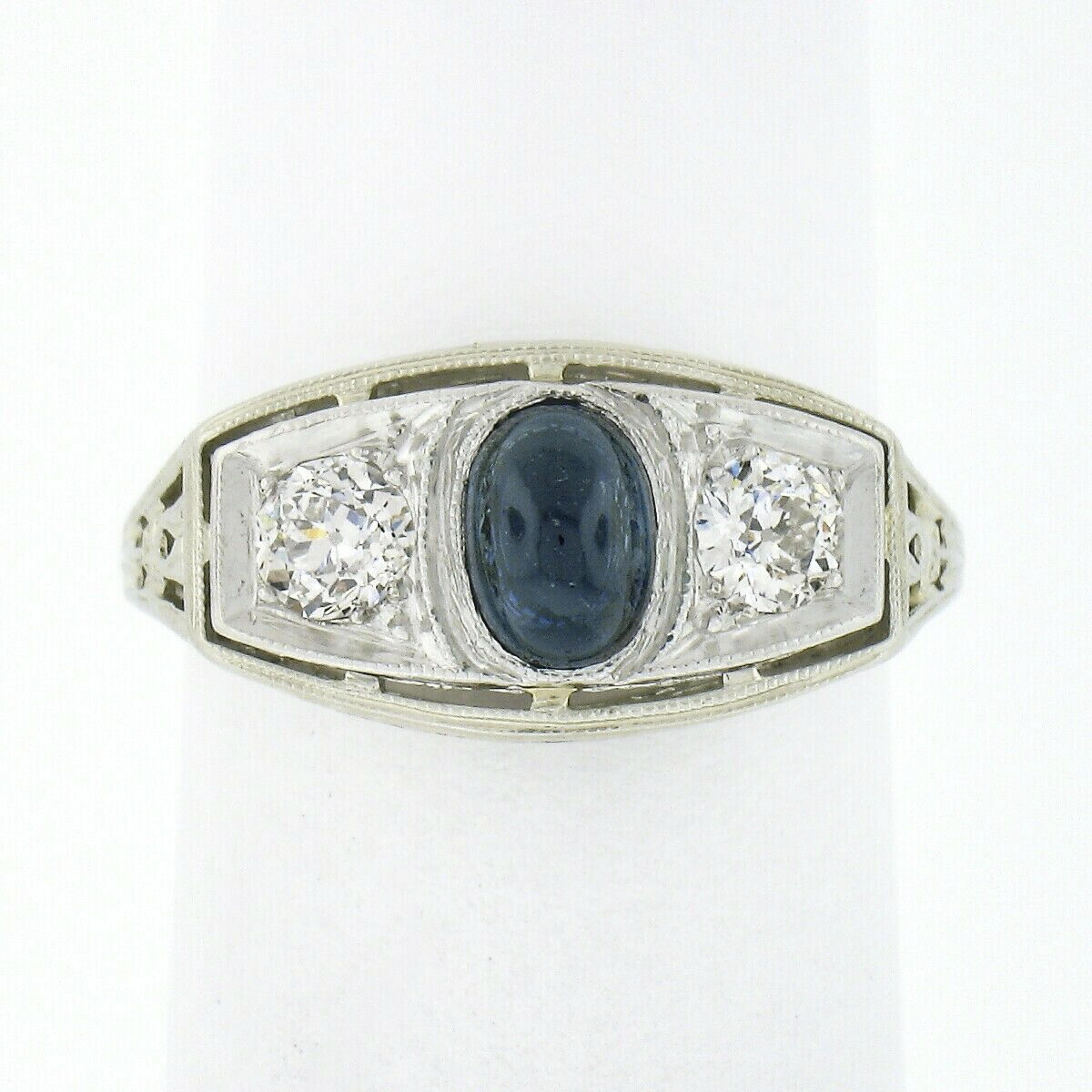 Antique Art Deco 18k Gold & Platinum Sapphire Diamond 3 Stone Filigree Band Ring For Sale